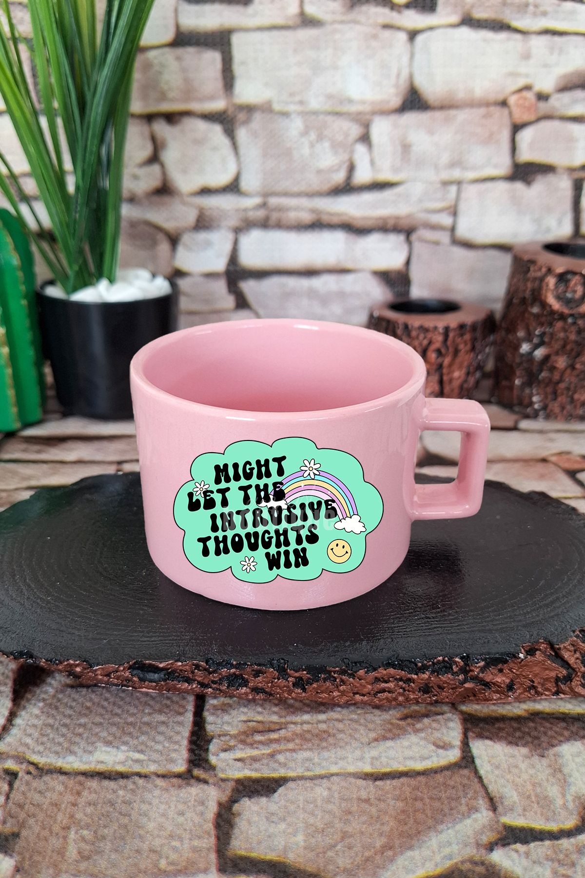 qoeuyl boutique Might let the intrusive thoughts win Komik Kare Kulplu Fincan Pembe Kupa Bardak