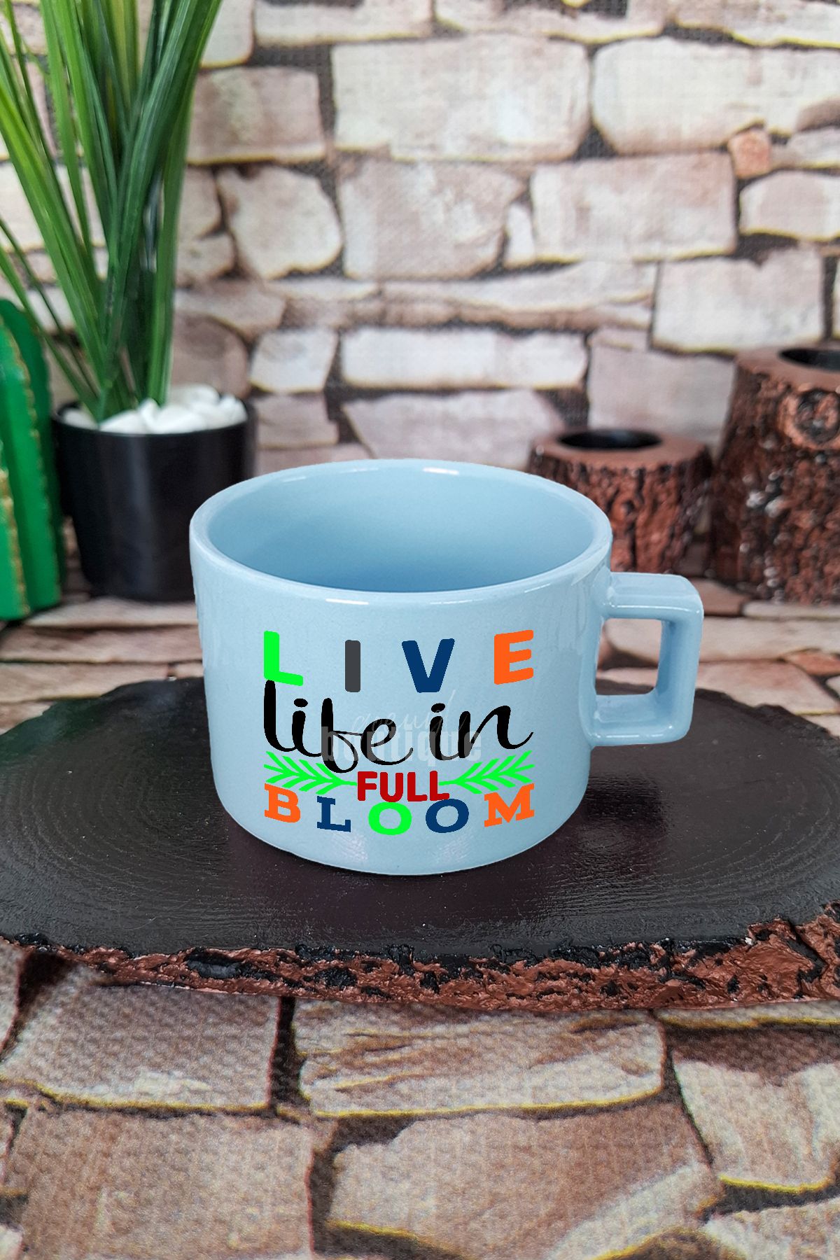 qoeuyl boutique Live life in full bloom Pozitif Motivasyon Kare Kulplu Fincan Mavi Kupa Bardak