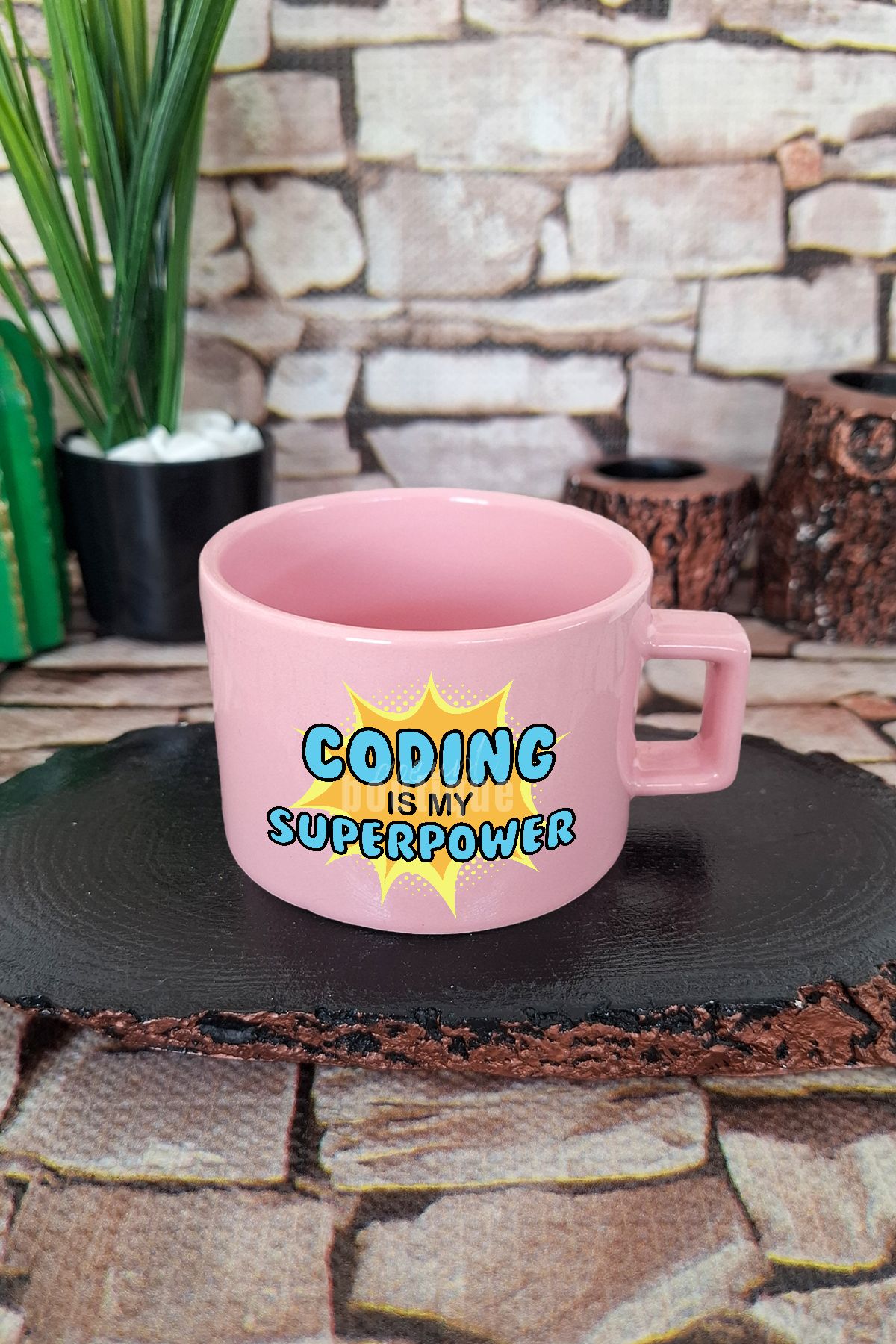 qoeuyl boutique Coding is my superpower Baskılı Yazılımcı Kare Kulplu Fincan Pembe Kupa Bardak