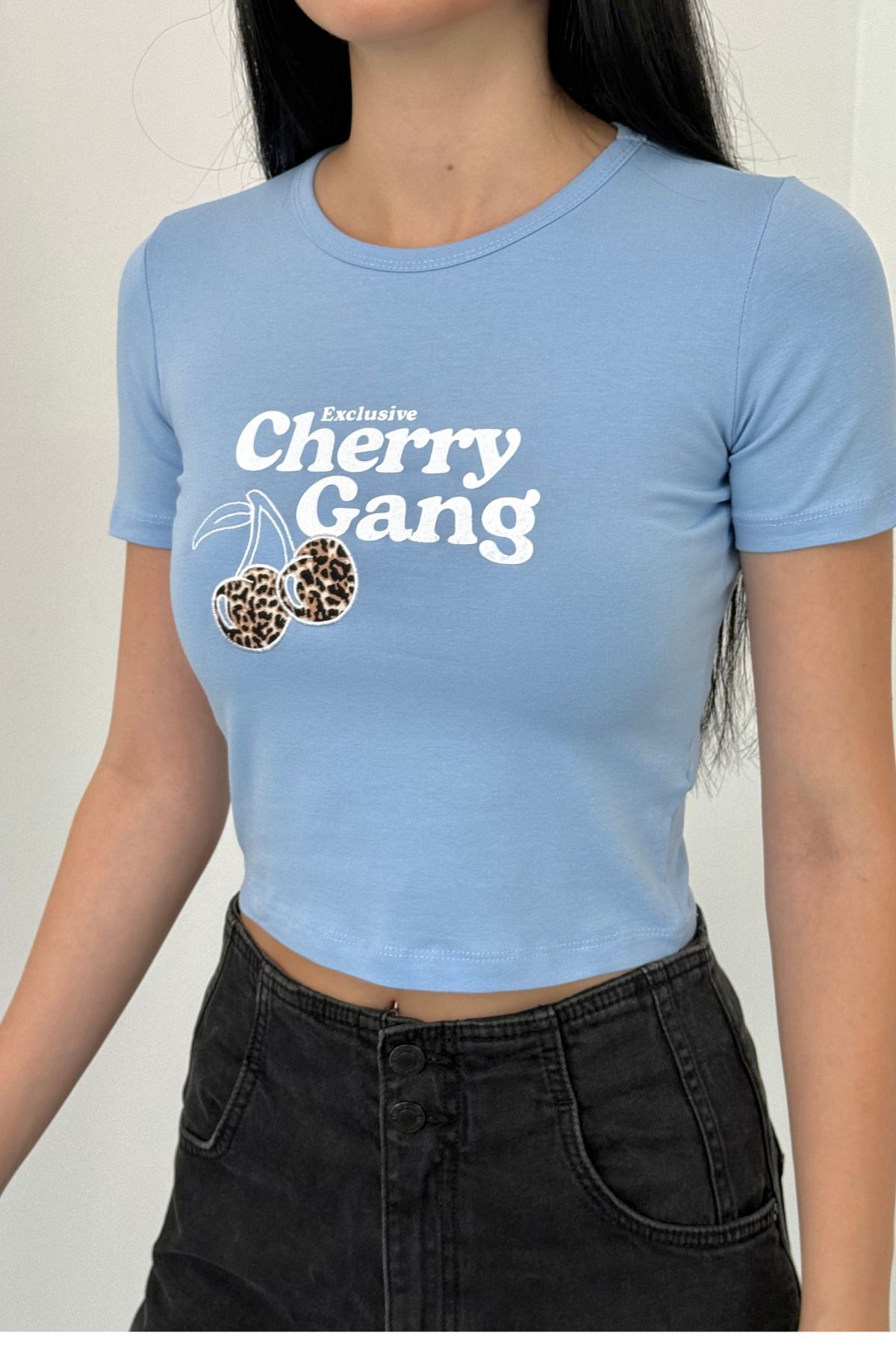 alanora Kadın Cherry Kiraz Baskılı Likralı Bisiklet Yaka Crop