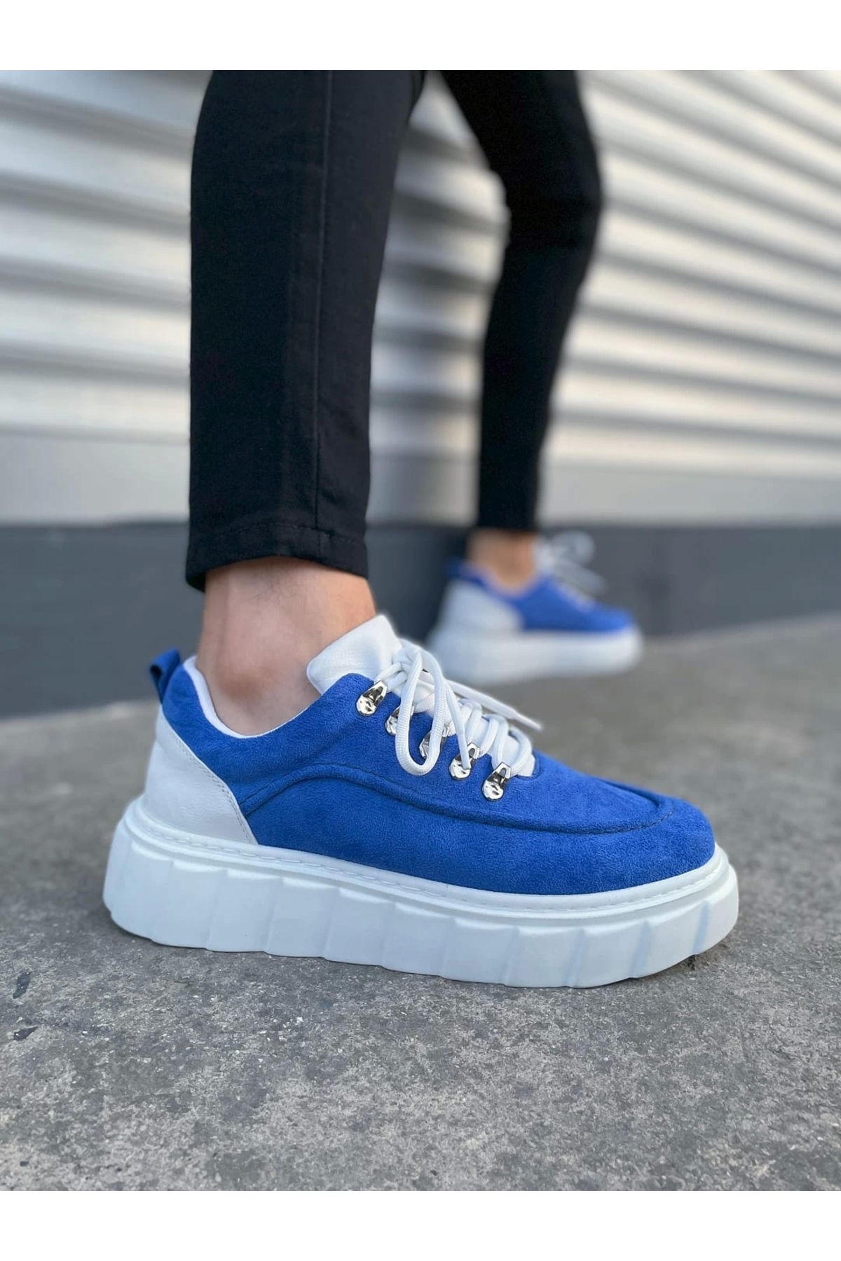 Joy Ayakkabı JY010 Cloud Bağcıklı Süet Erkek Günlük Sneaker Ayakkabı SBT - Mavi/Beyaz