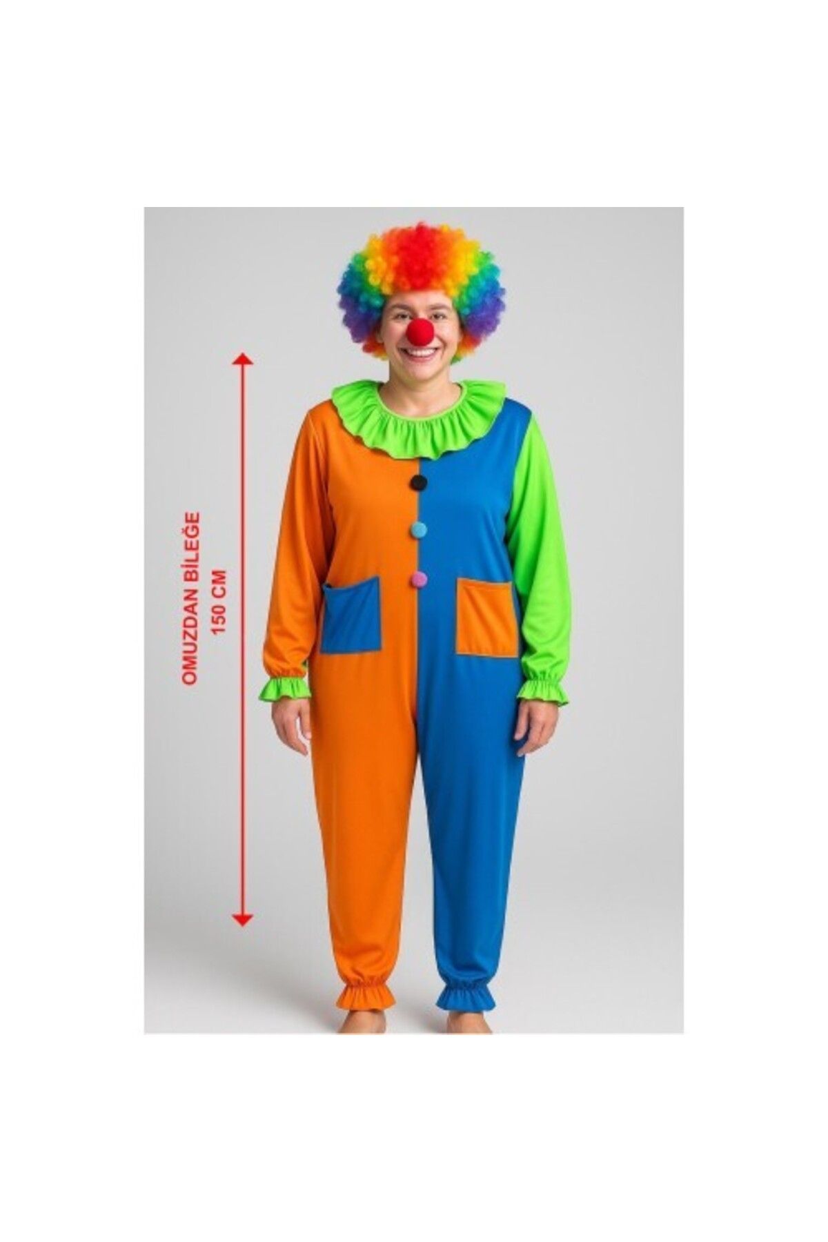 Modafiks Palyaço Kostüm Seti 150 cm (Peruk + Burun + Kostüm)
