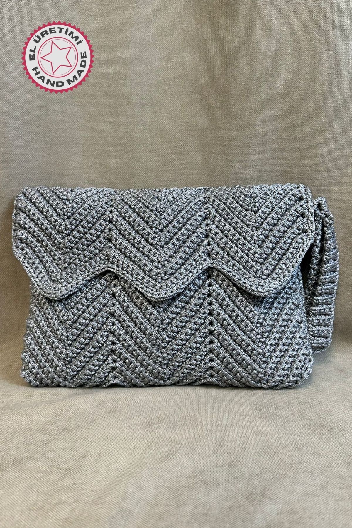 Uretti - Hülya 6683 5840 El Örgüsü Gri Makrome Ip Clutch - Portföy Çanta