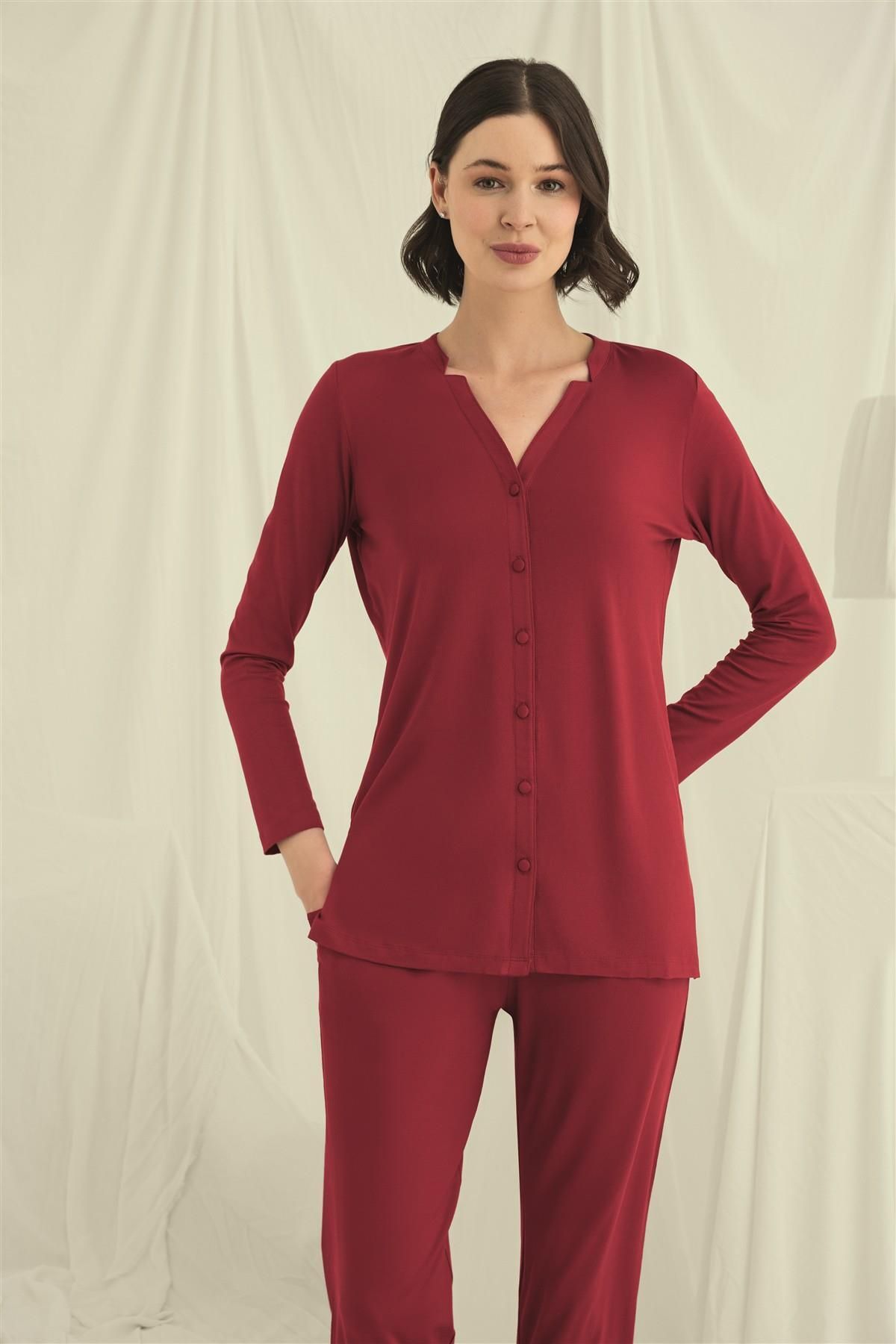 MONAMİSE Monamise Kadın Uzun Kollu Boydan Düğmeli V Yaka Pijama Takımı 18673