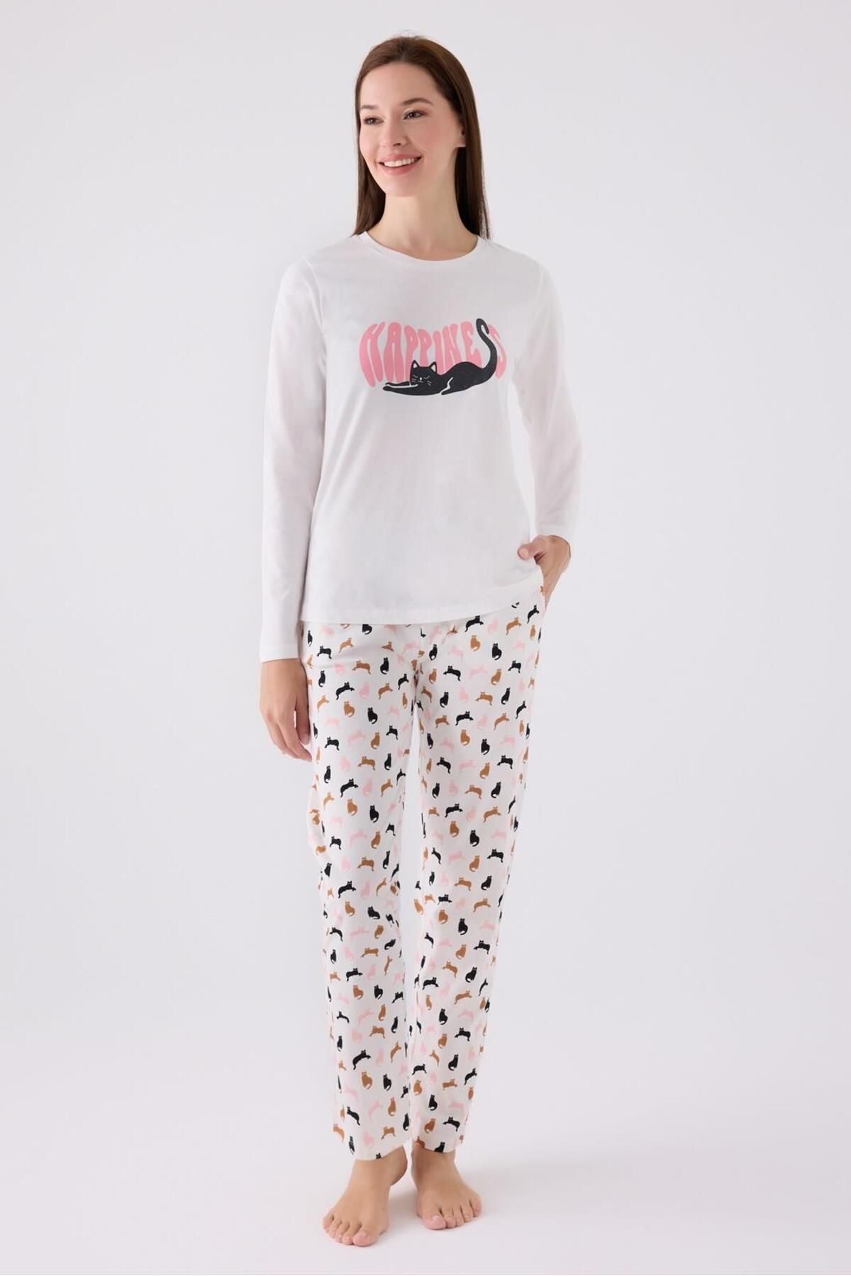 Arnetta Kadın Kedi Baskılı Krem Pijama Takım, %100 Pamuklu