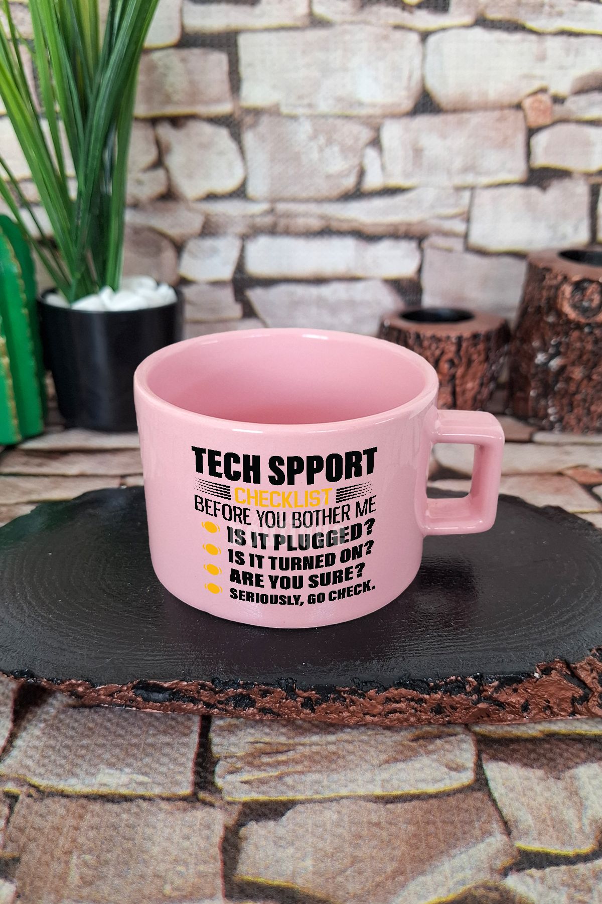 qoeuyl boutique Tech Support Checklist Baskılı Komik Yazılımcı Kare Kulplu Fincan Pembe Kupa Bardak