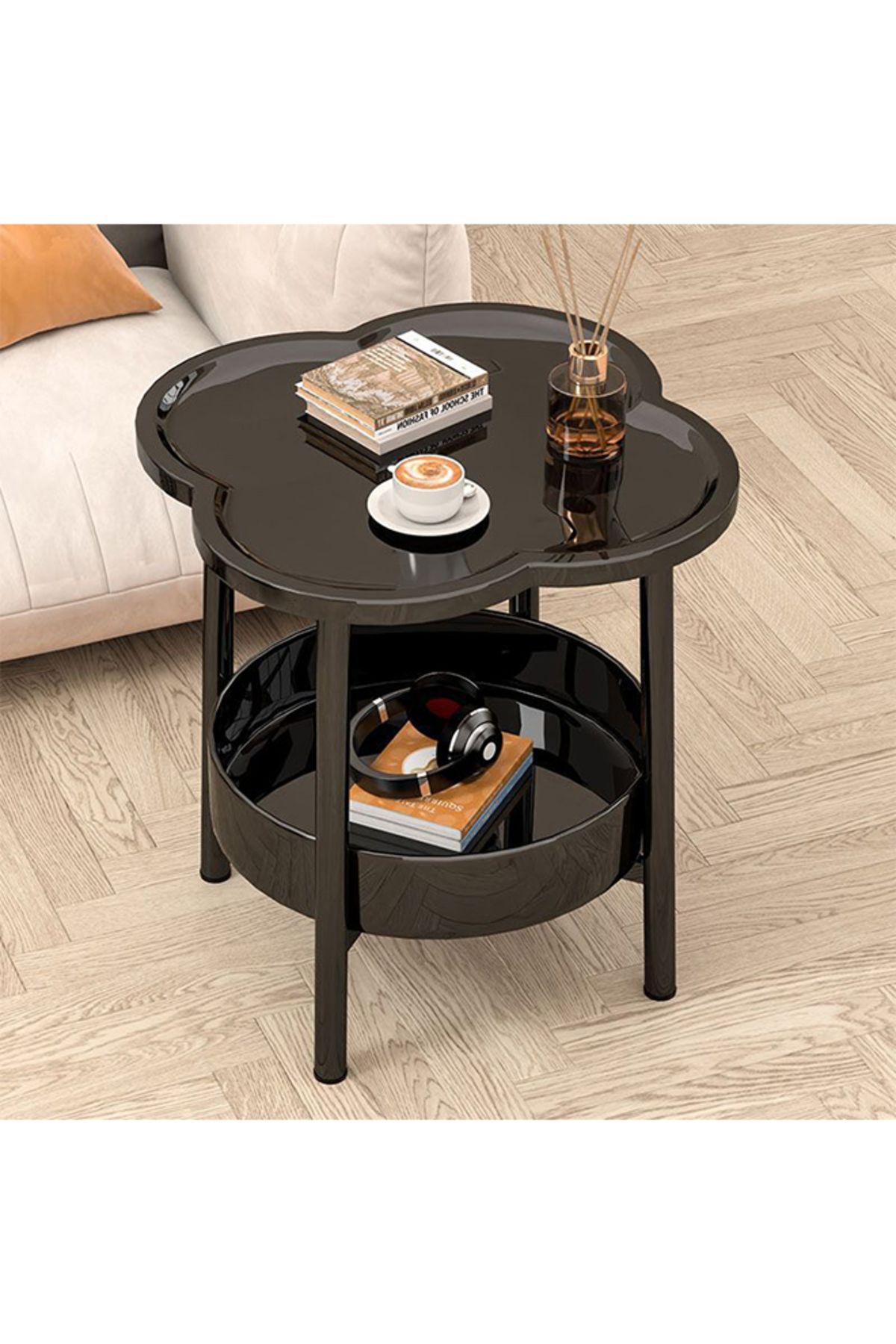ENAR-Black Side Table, 2-Tier End Table with Storage Shelf Basket, Coffee Table, Nightstand Accent Table 1