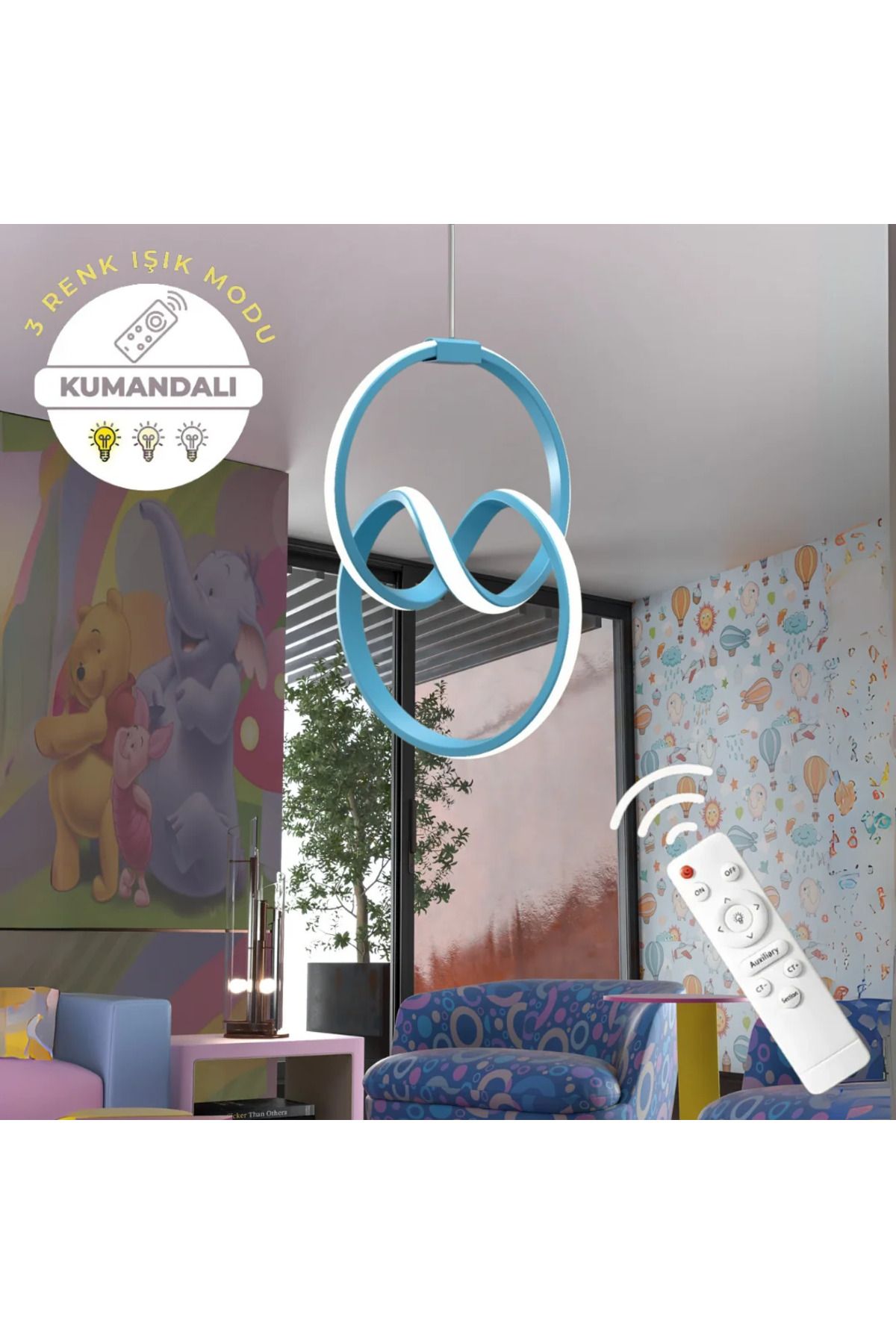 durulight Mavi Kumandalı 3 Renk Ledli Dimmerli Modern Ledli Avize