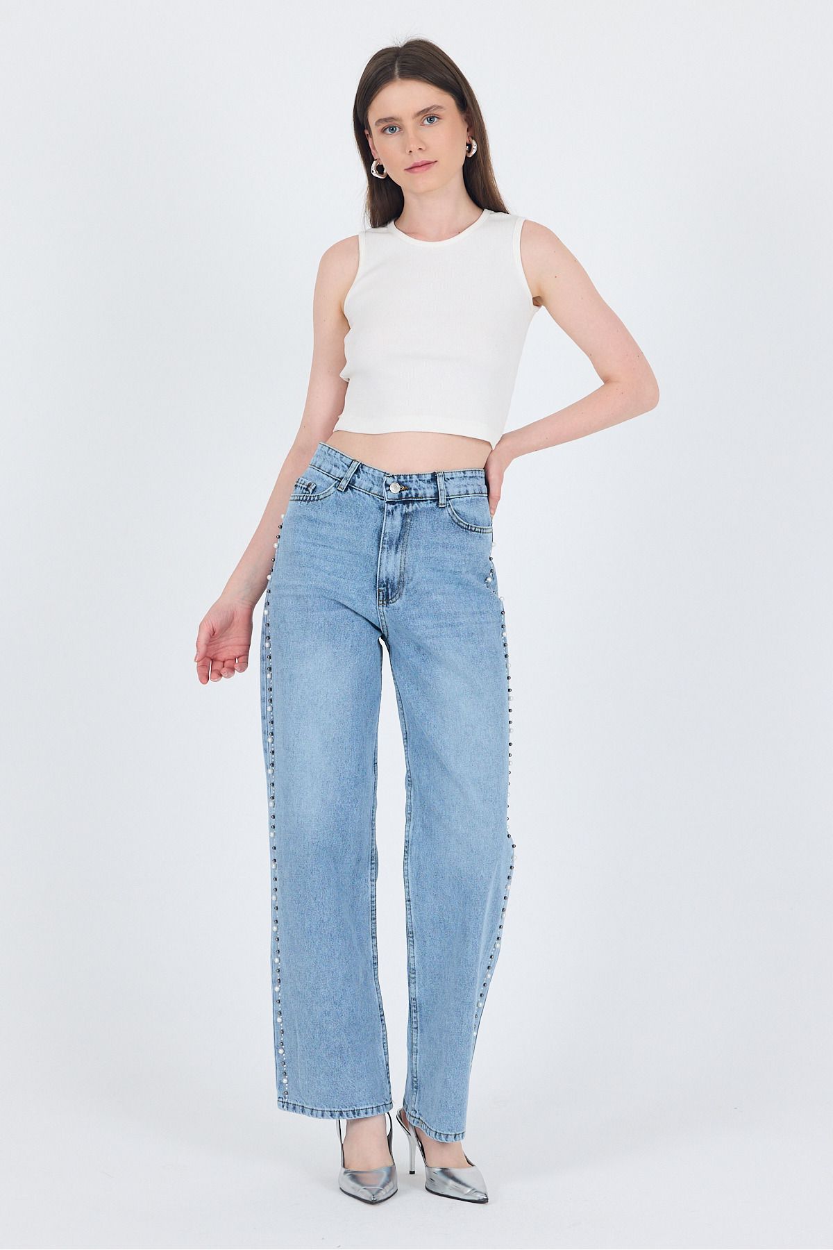 Rays Buzkar Yanları İnci İşlemeli Yüksek Bel Straight Jean Pantolon 3312