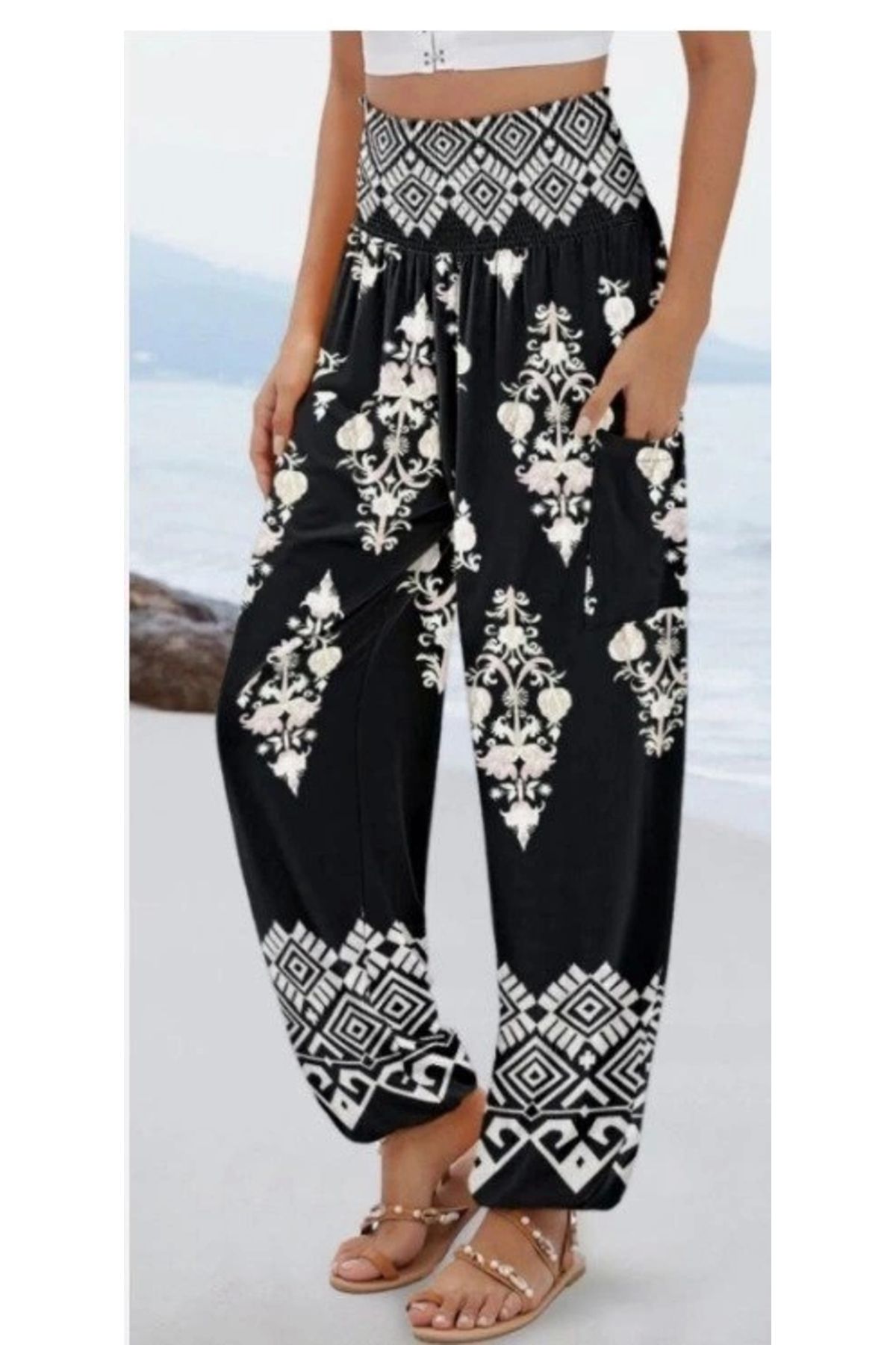 Butik Kadın Yüksek Bel Desenli Lastikli Süprem Pantolon