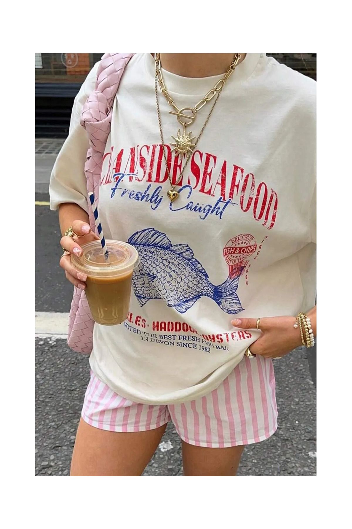 LAYORA - Kadın %100 Pamuklu Ocean Sea (BALIK) Baskılı Oversize T-shirt
