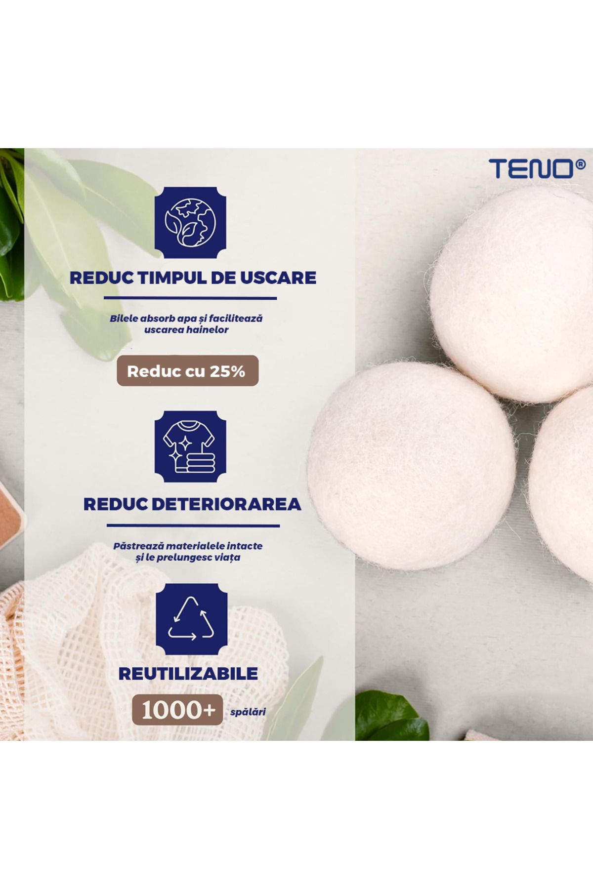 Teno-Set of 6 Teno® Dryer Balls, reusable, anti-static, reduce drying time, white 4