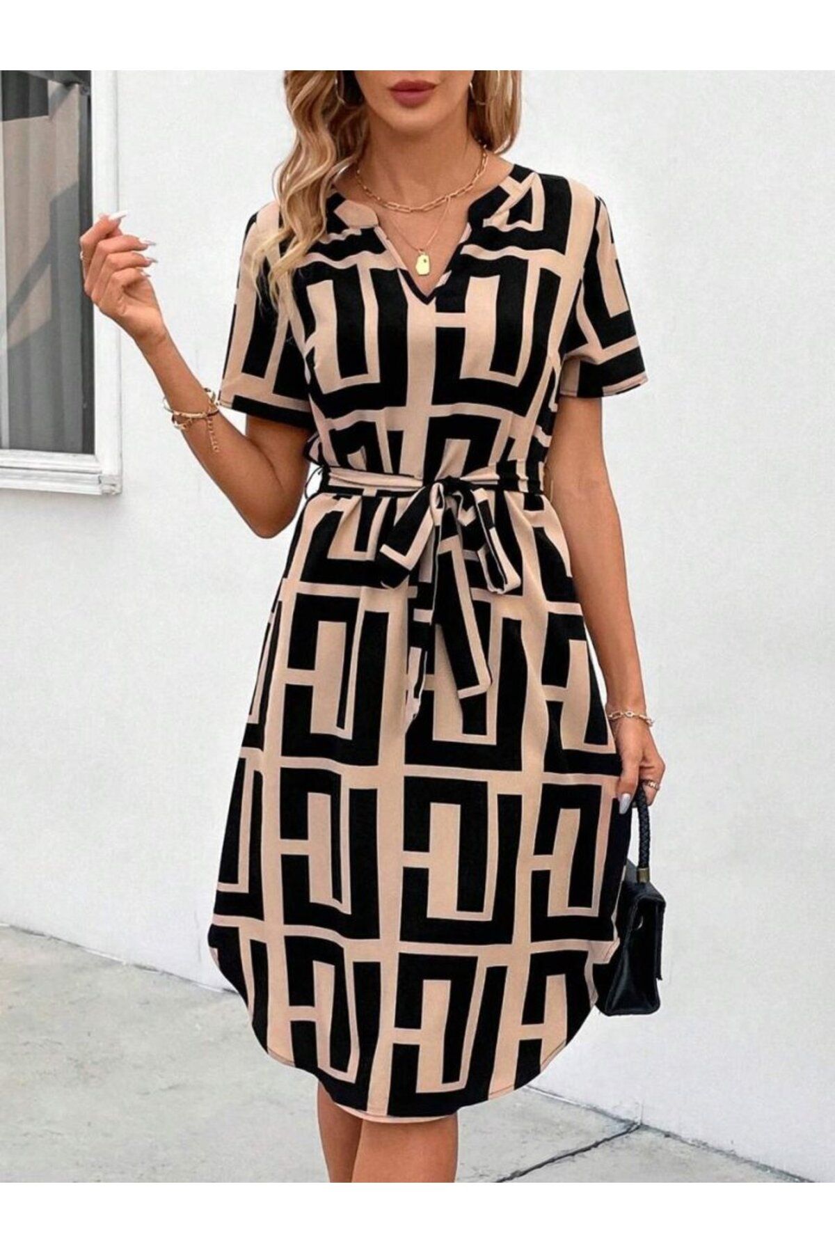 velmorafashion Kadın Kısa Kollu V Yakalı Desenli Kuşaklı Süprem Elbise