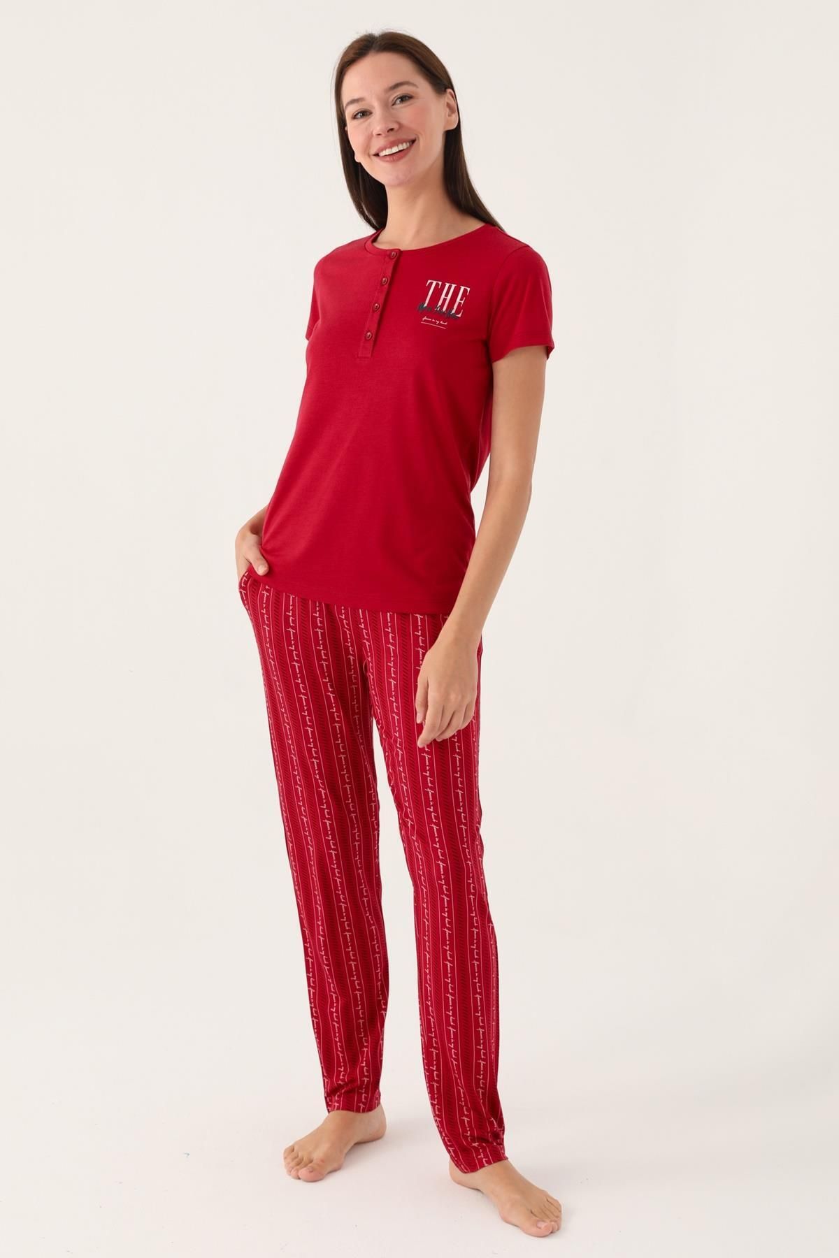 Arnetta Düğmeli Bisiklet Yaka Kadın Pijama Takımı, Büyük Beden %100 Pamuklu Pijama Takımı