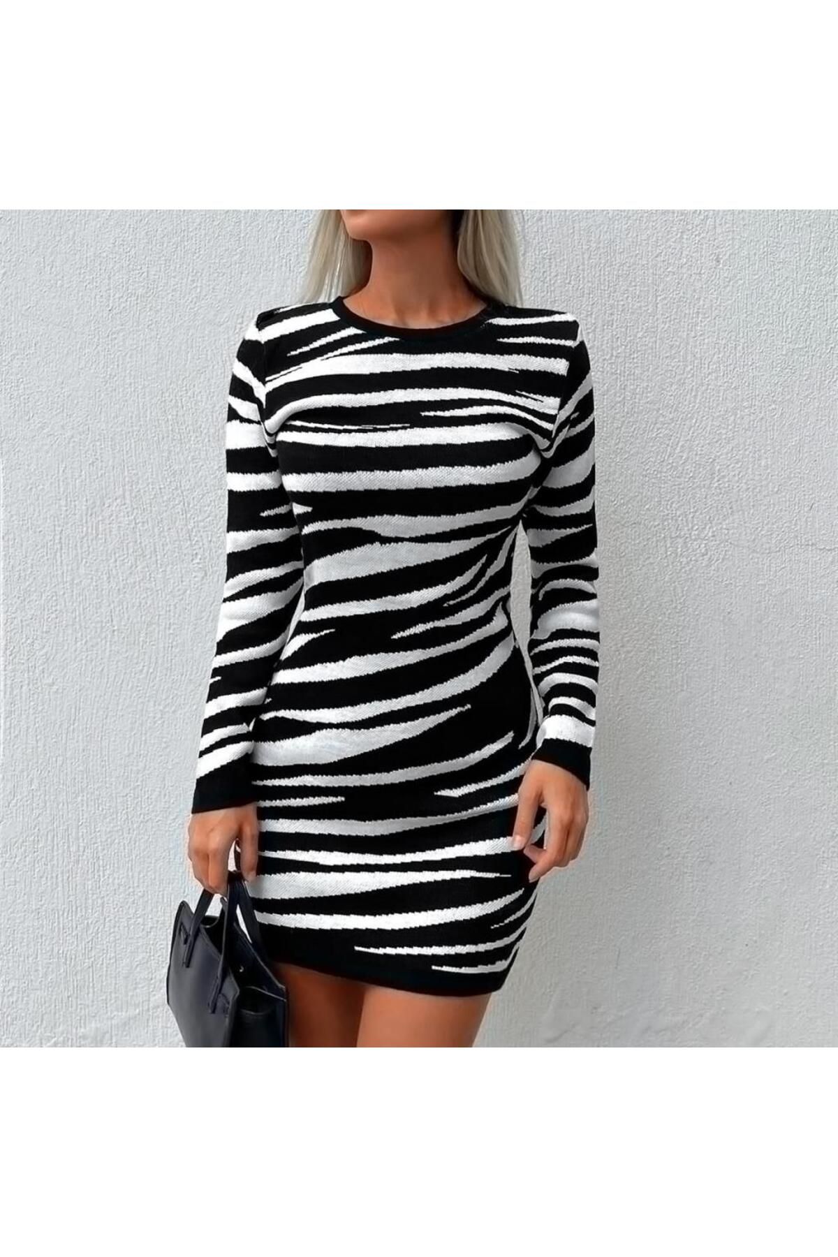 modamtn Kadın Uzun Kollu Siyah Beyaz Zebra Desen Triko Elbise