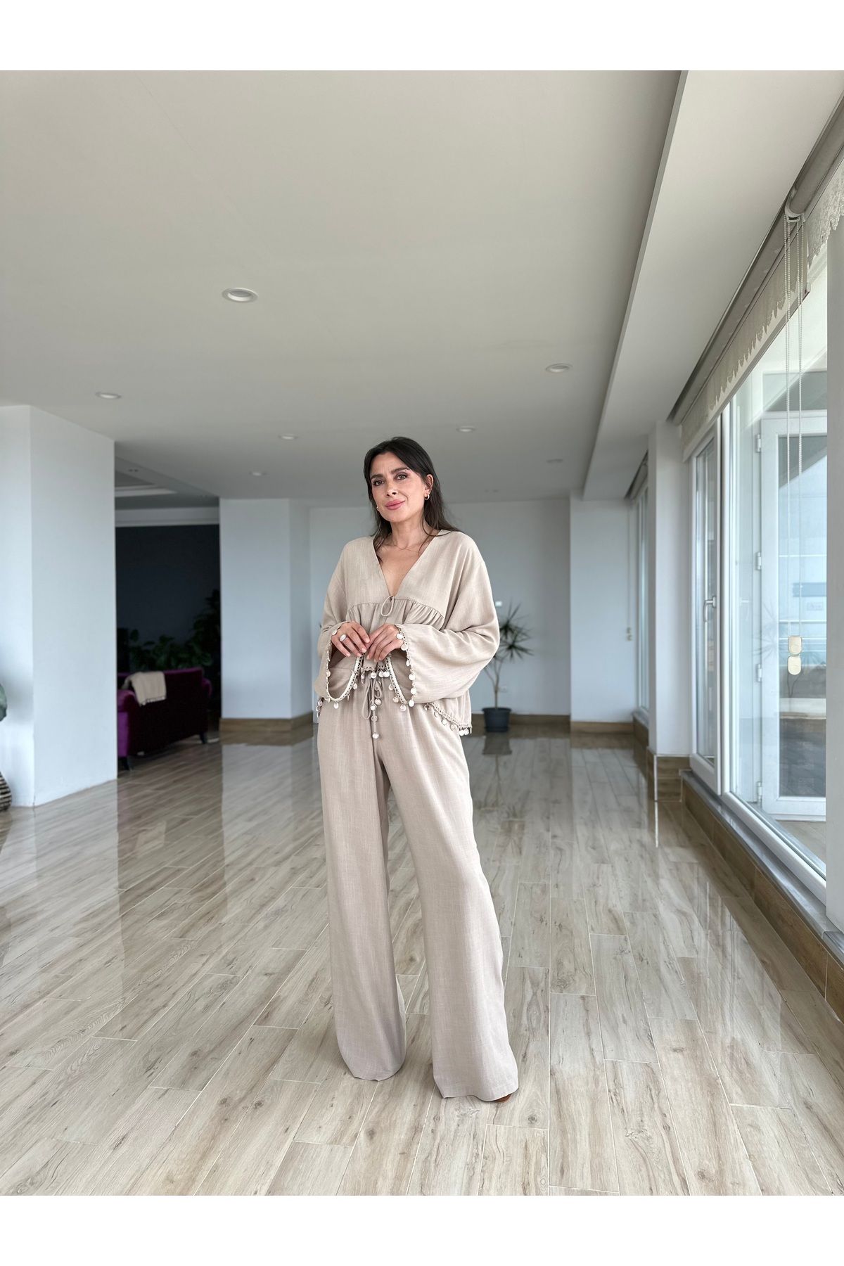 AYSEGUL SOZKESEN Bej Renk Beli Lastikli Keten Palazzo Pantolon