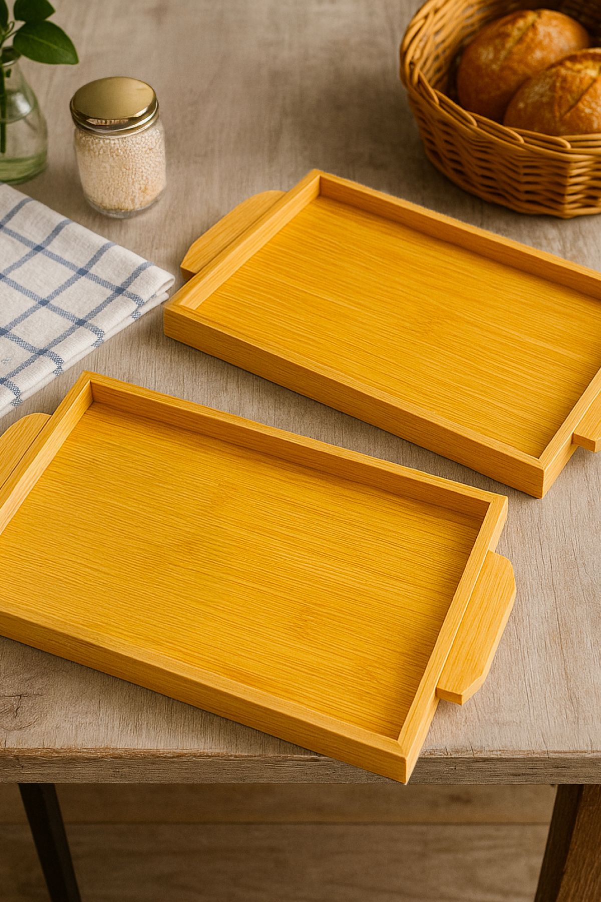 Vienev-Set of 2 Natural Bamboo Presentation Tray – Rectangular Serving Tray with Handles 4