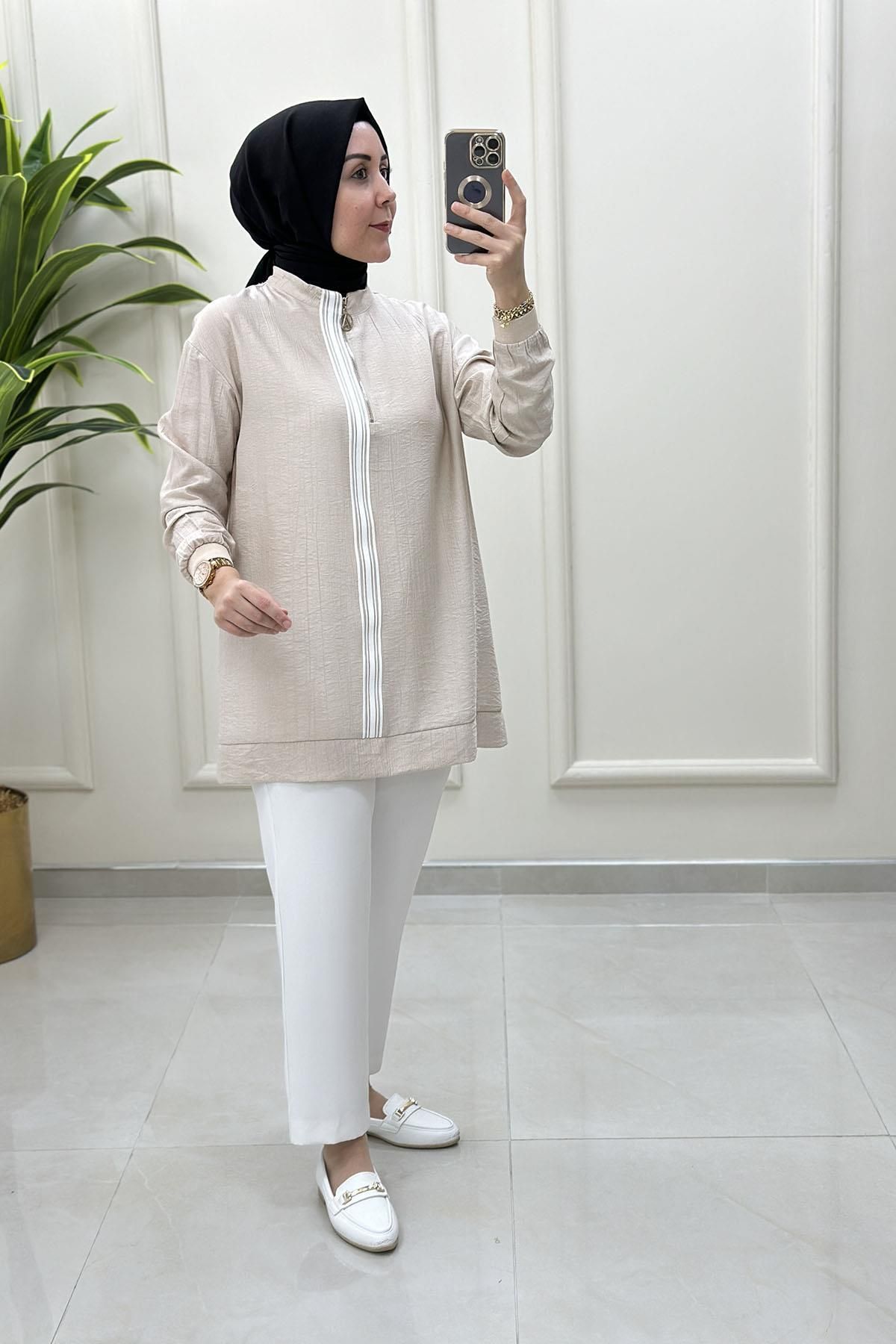 Armine Trend Önü Ribana ve Fermuar Detaylı Kadın Tunik Taş ARM 4139