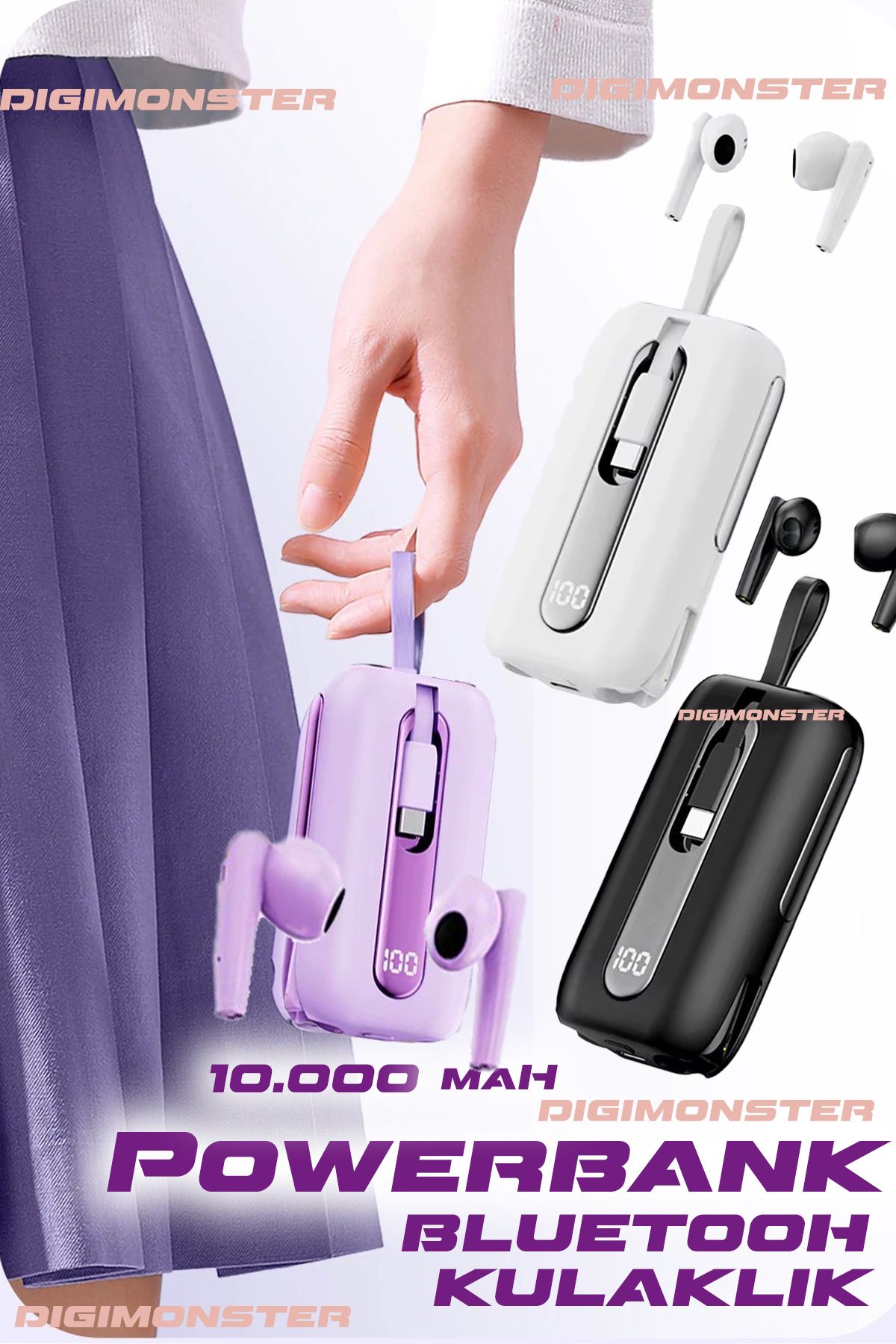 DigiMonster TWS-T21 Bluetooth Kulaklık ve 10.000mAH Powerbank Seti - Şarj Et, Müzik Dinle