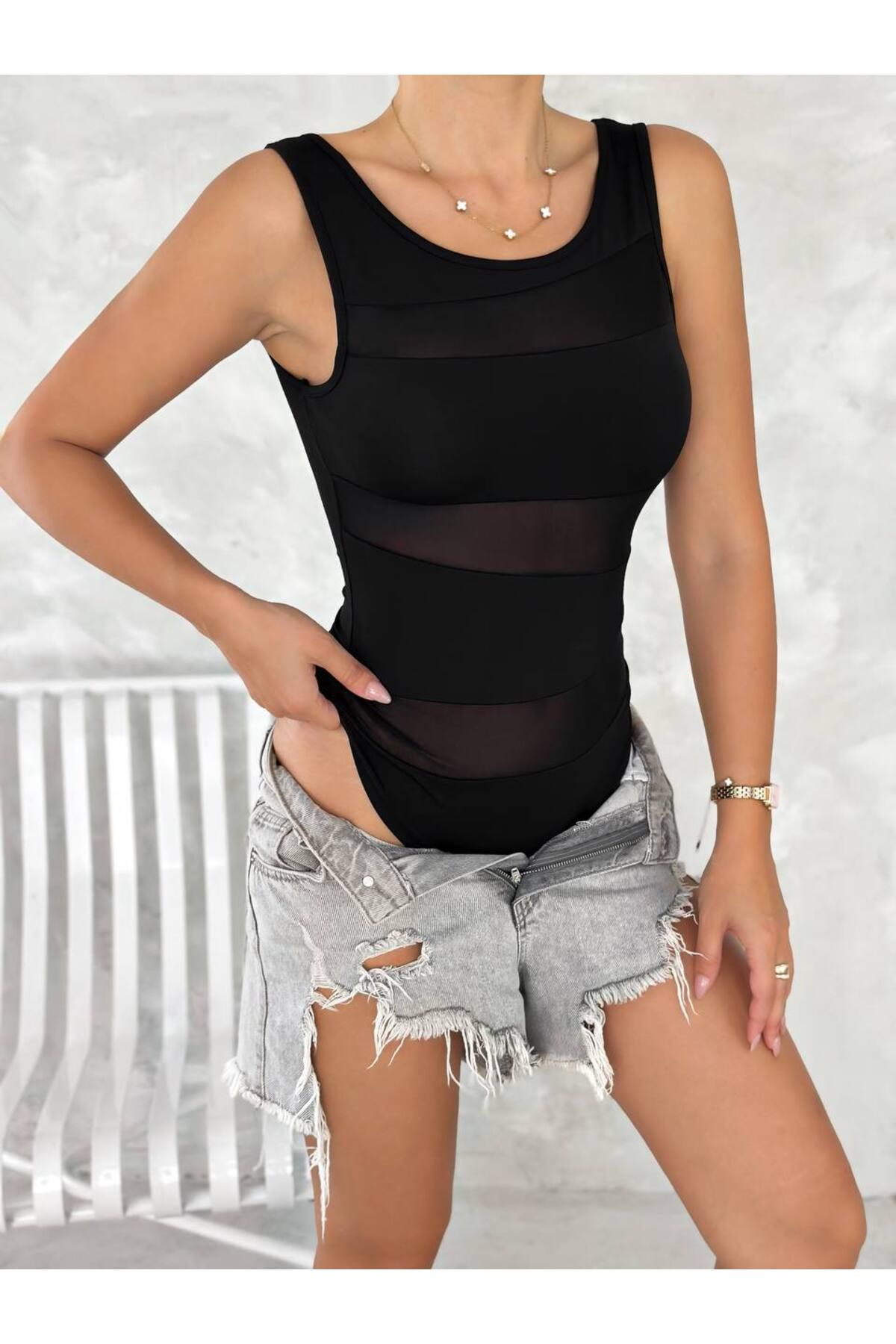 Centeno Tül Detaylı Transparan Bodysuit