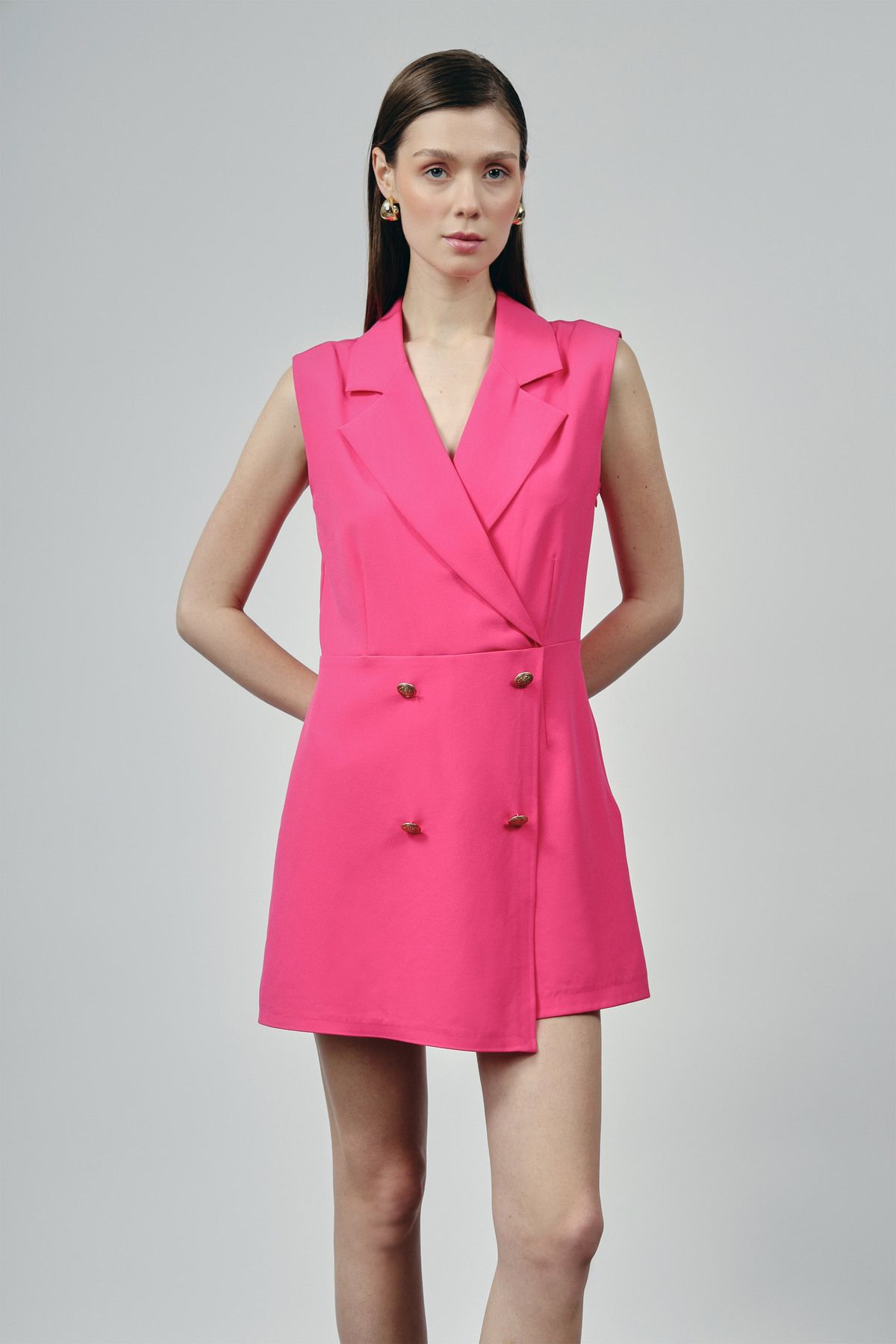 Diagonal Kolsuz Kruvaze Blazer Mini Elbise