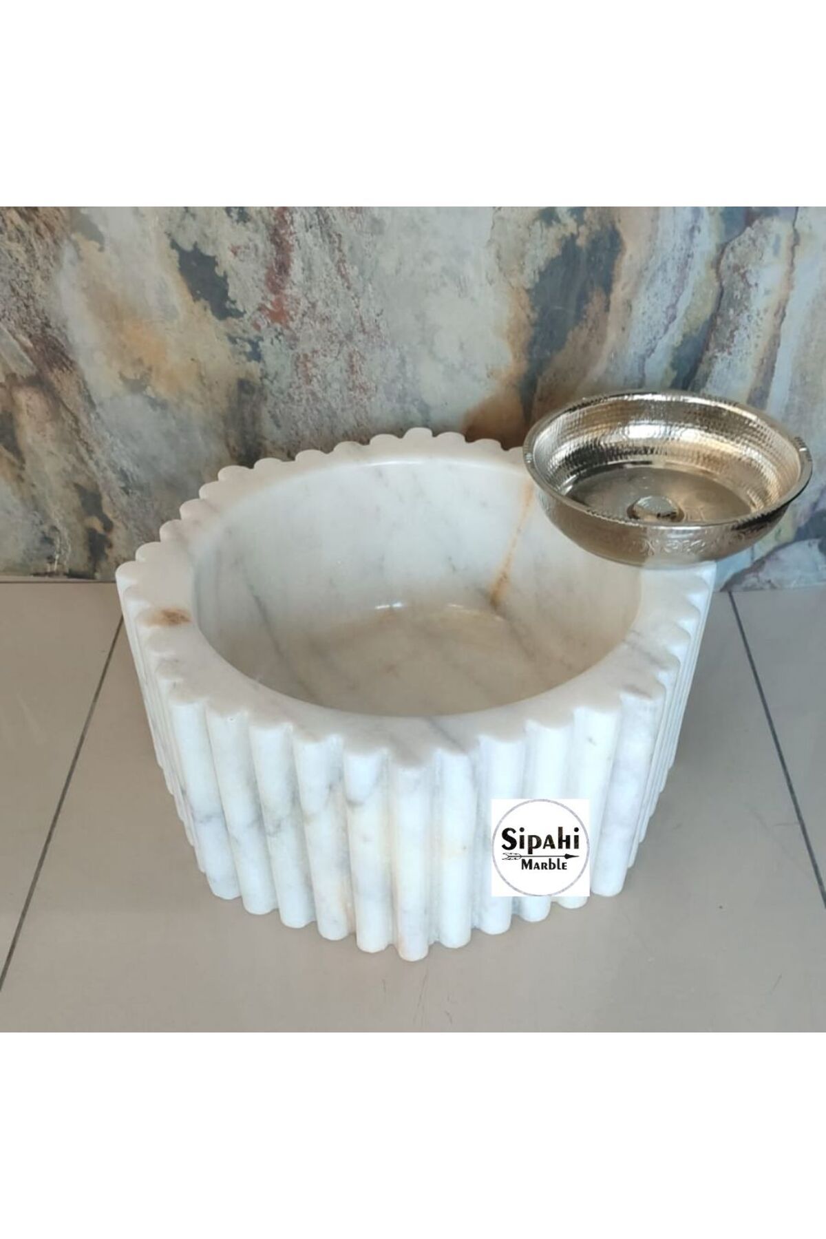 SİPAHİMARBLE Muğla Beyaz Fitilli Yuvarlak Kurna