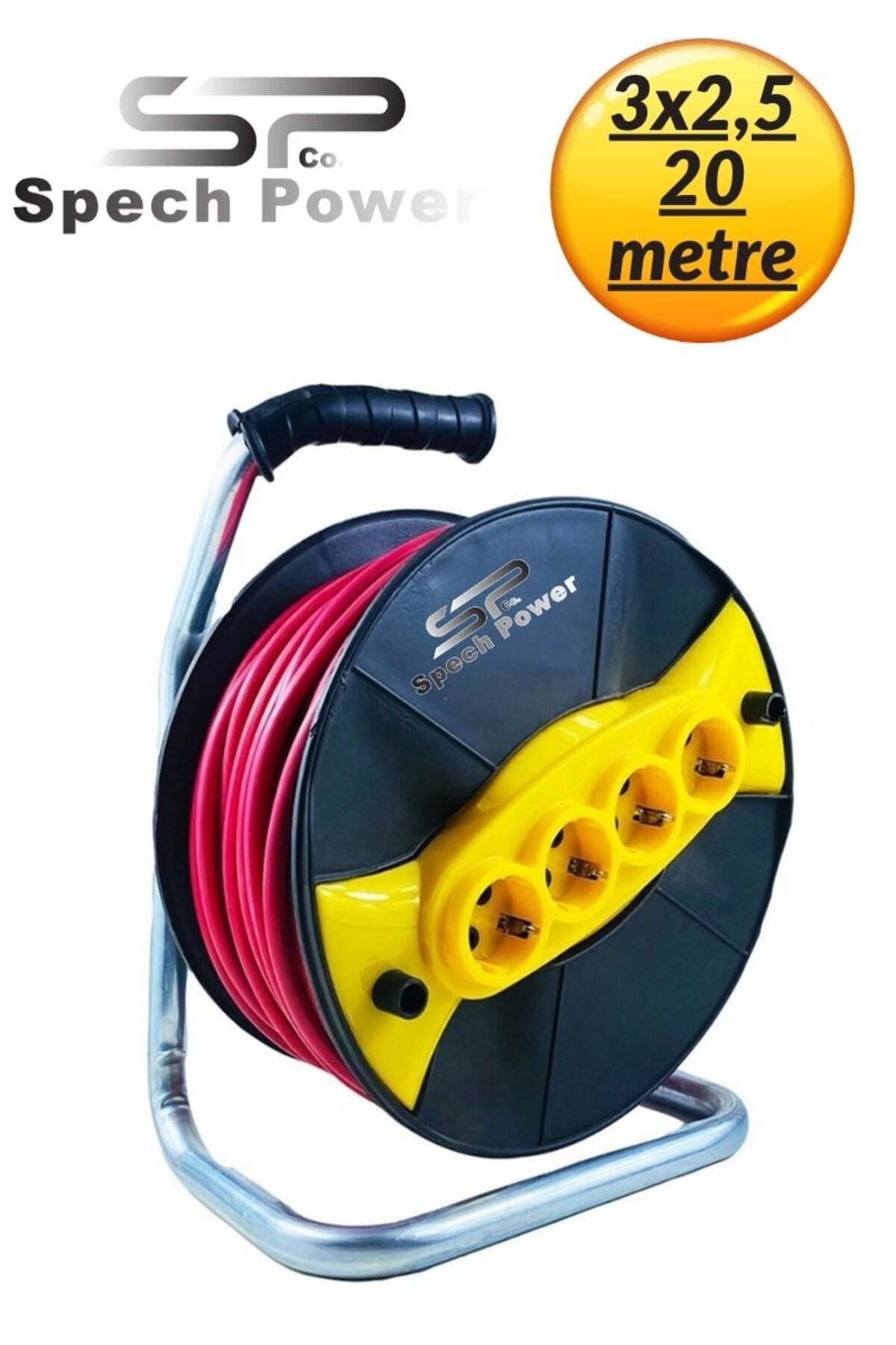 Spech Power Sertifikalı Seyyar Kablo 3,2 x 20 Metre Bakır Kablo 4 Prizli Makaralı Kablo