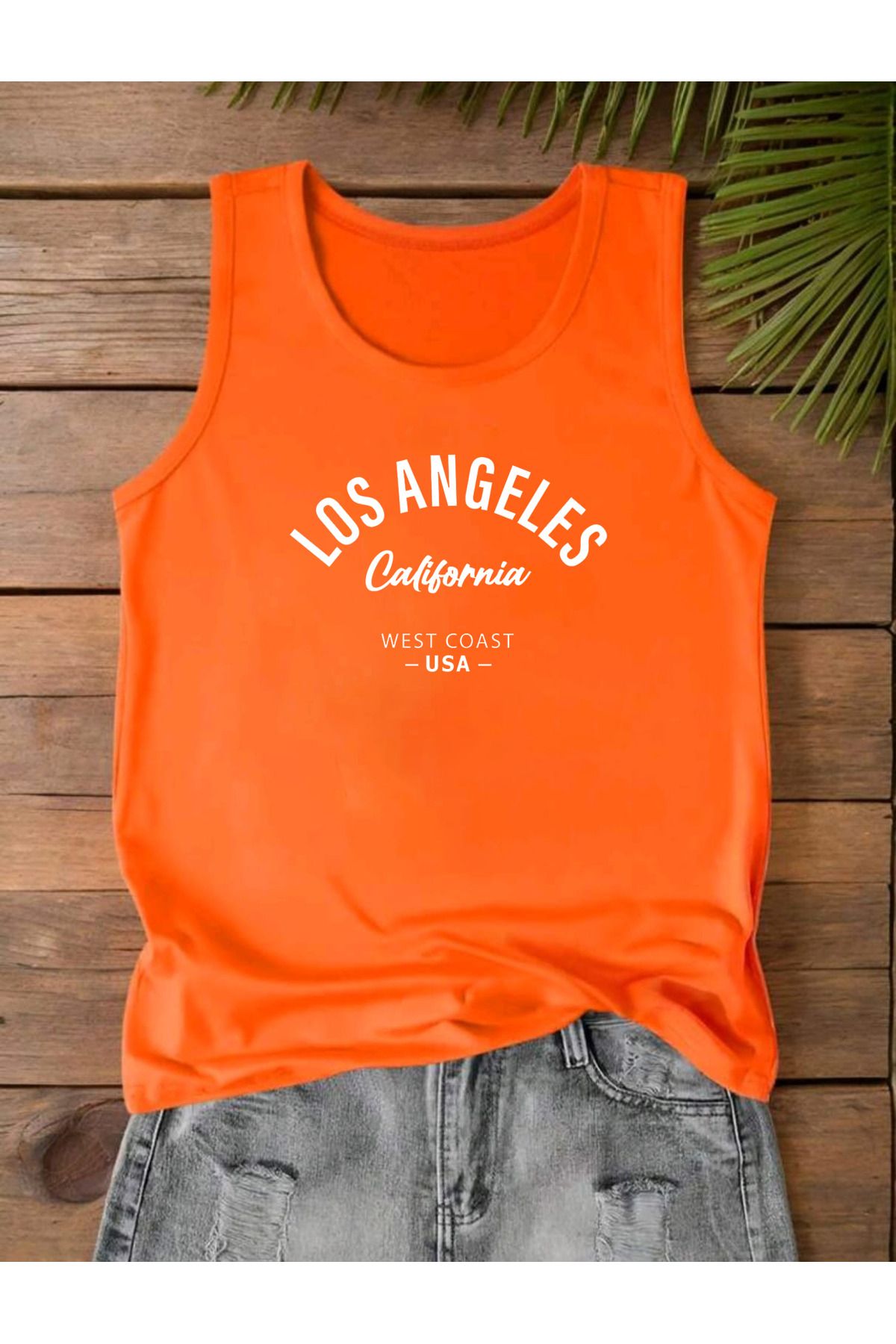 FAVORİST LOS ANGELES WEST COAST Baskılı Omuzu Açık Kadın Pamuklu Kolsuz Yazlık T-shirt Atlet