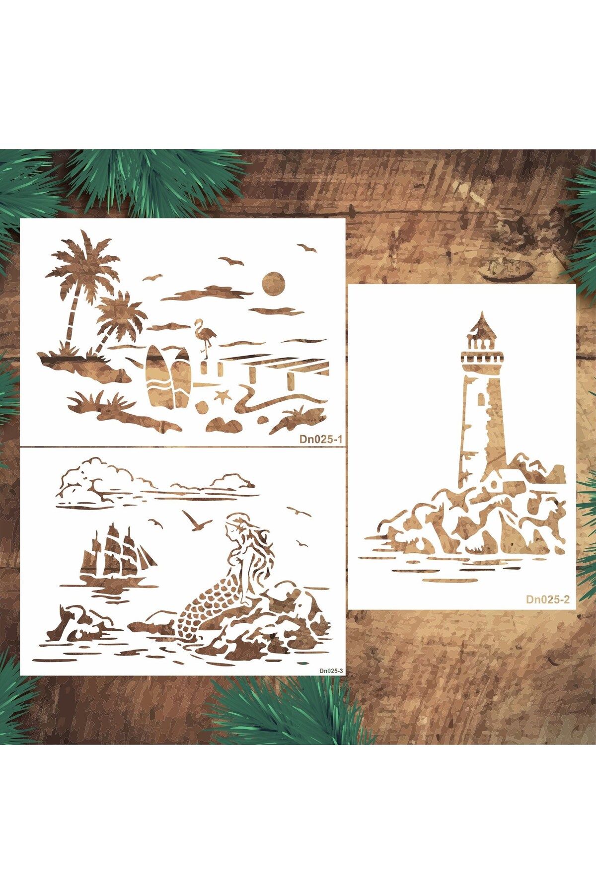 STENCİLTASARIM Stencil Tasarım DN025 Deniz Temalı , 21x30cm , 3lü stencil seti SET:43 Duvar Ahşap Boyama Desen