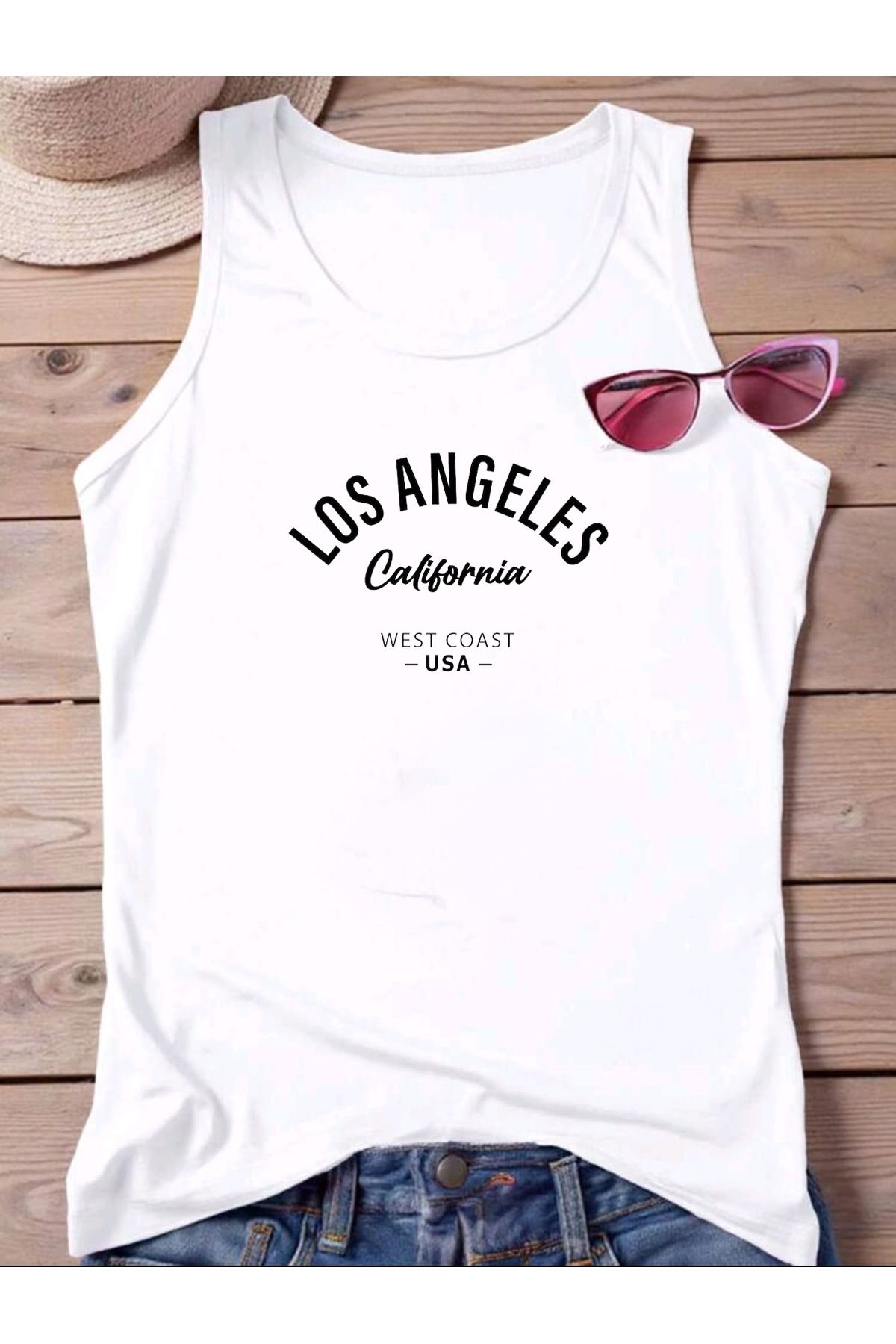 FAVORİST LOS ANGELES WEST COAST Baskılı Omuzu Açık Kadın Pamuklu Kolsuz Yazlık T-shirt Atlet