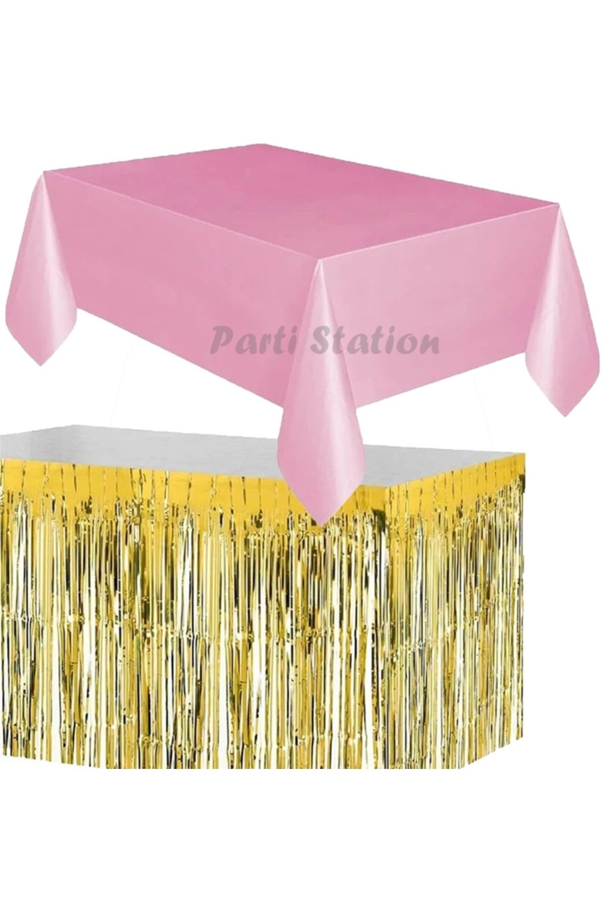 Partifest Masa Örtüsü Etek Set Plastik Pembe Renk Masa Örtüsü Altın Gold Renk Metalize Sarkıt Masa Eteği Set