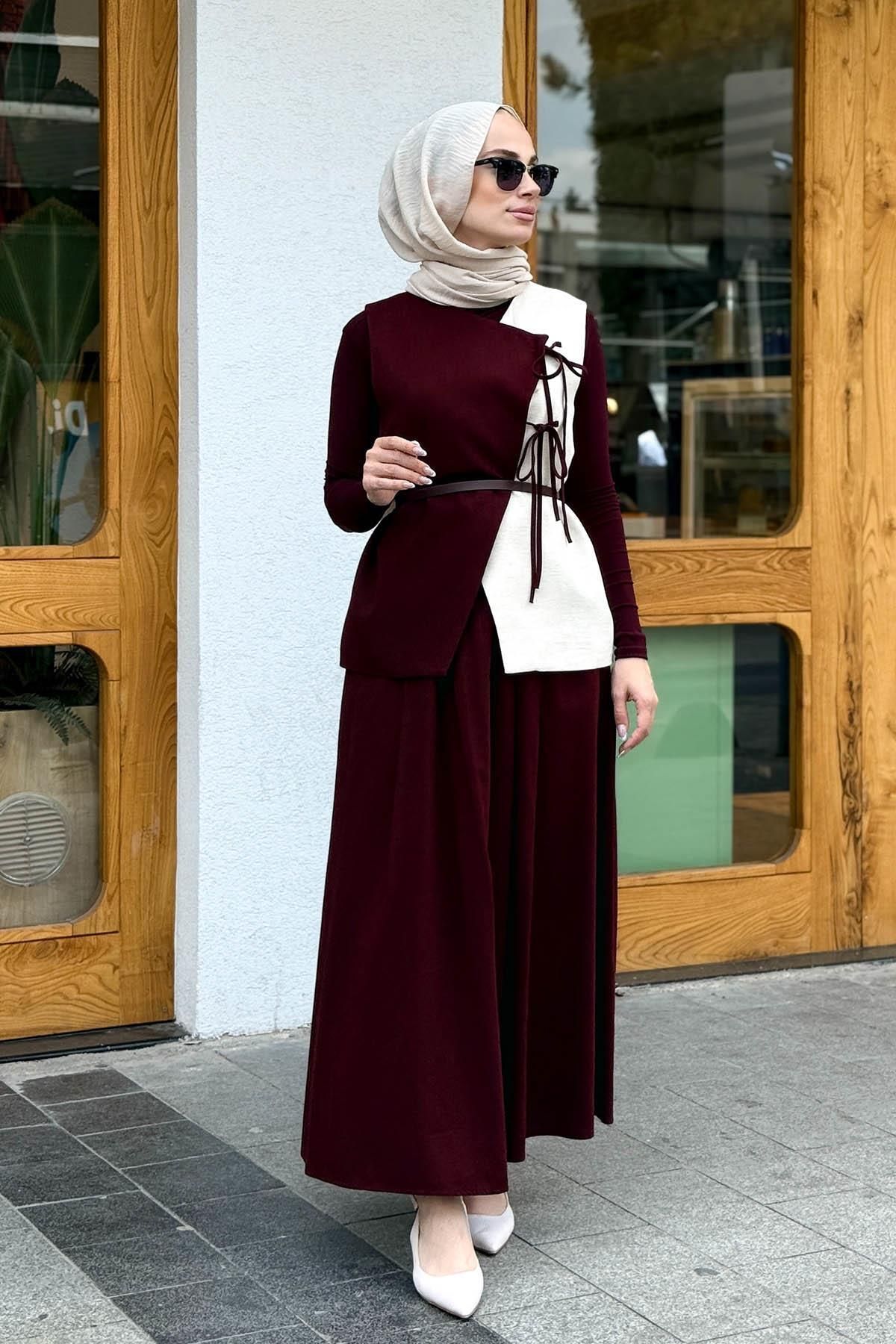 MERVE KAYKISIZ 2 Renk Yelek Etekli Pantolon Bordo
