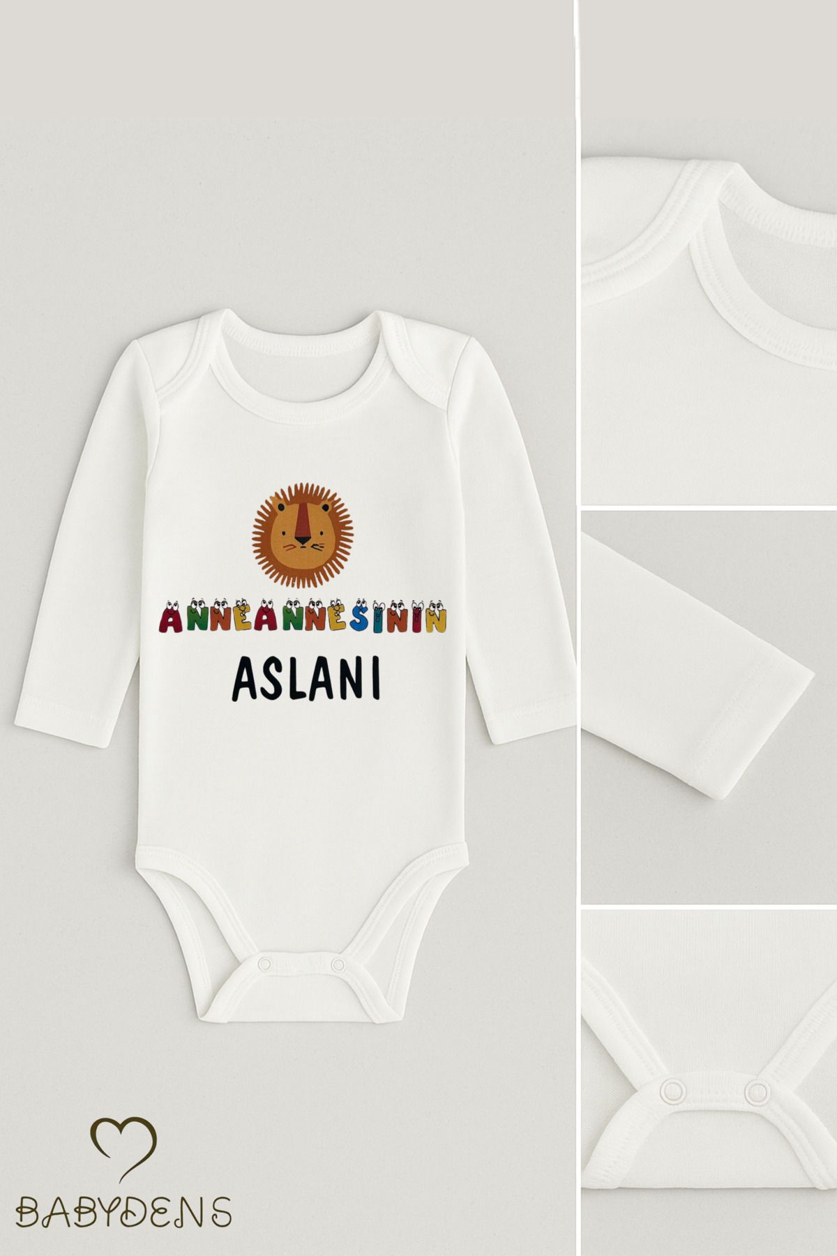 BABYDEN'S “Anneannesinin Aslanı” Yazılı,Uzun Kollu Bebek Body Aslan Baskılı, %100 Pamuk,Çıtçıtlı Zıbın 0-24 Ay