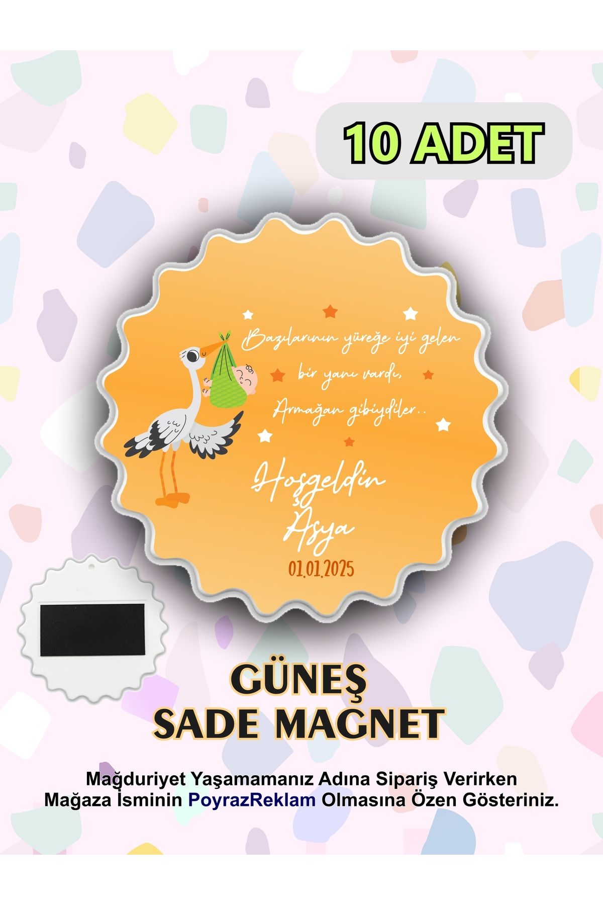 PoyrazReklamTasarım Hoşgeldin Bebek - Güneş Şeklinde Magnet - Yenidoğan Hediyelik - Mevlid - İsimli Tarihli (10 ADET)