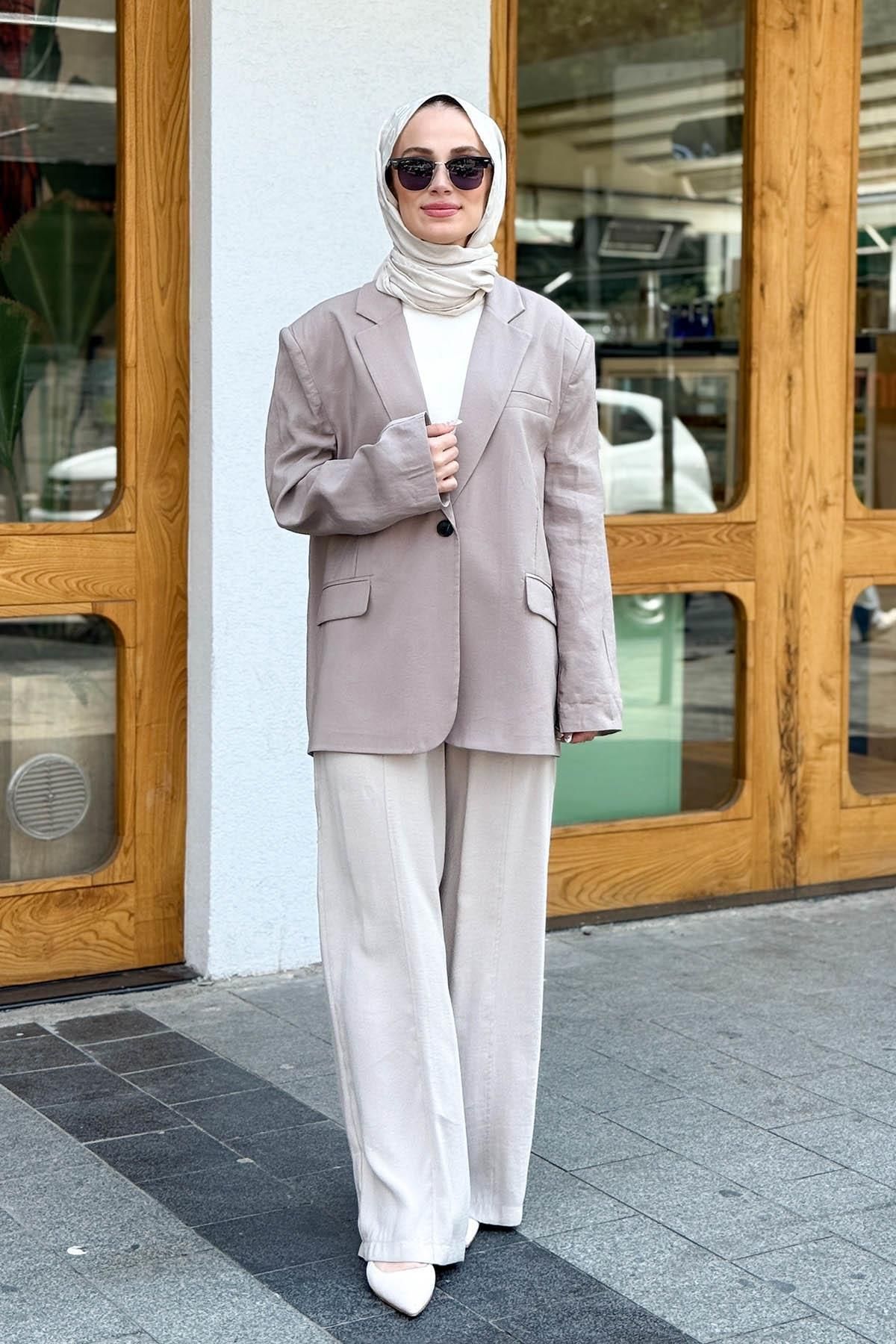 MERVE KAYKISIZ Tek Düğmeli Modal Ceket Bej