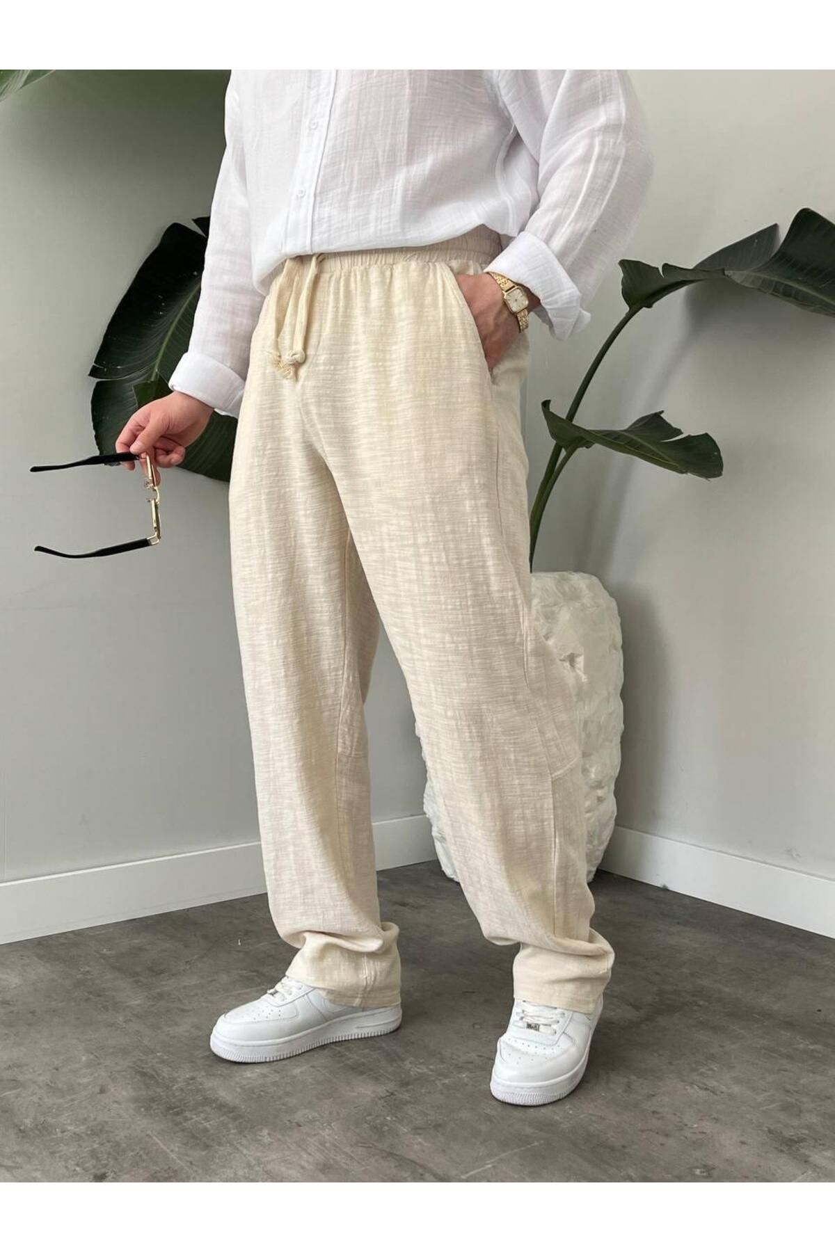 MODA KREM BELİ İPLİ BAGGY PANTOLON