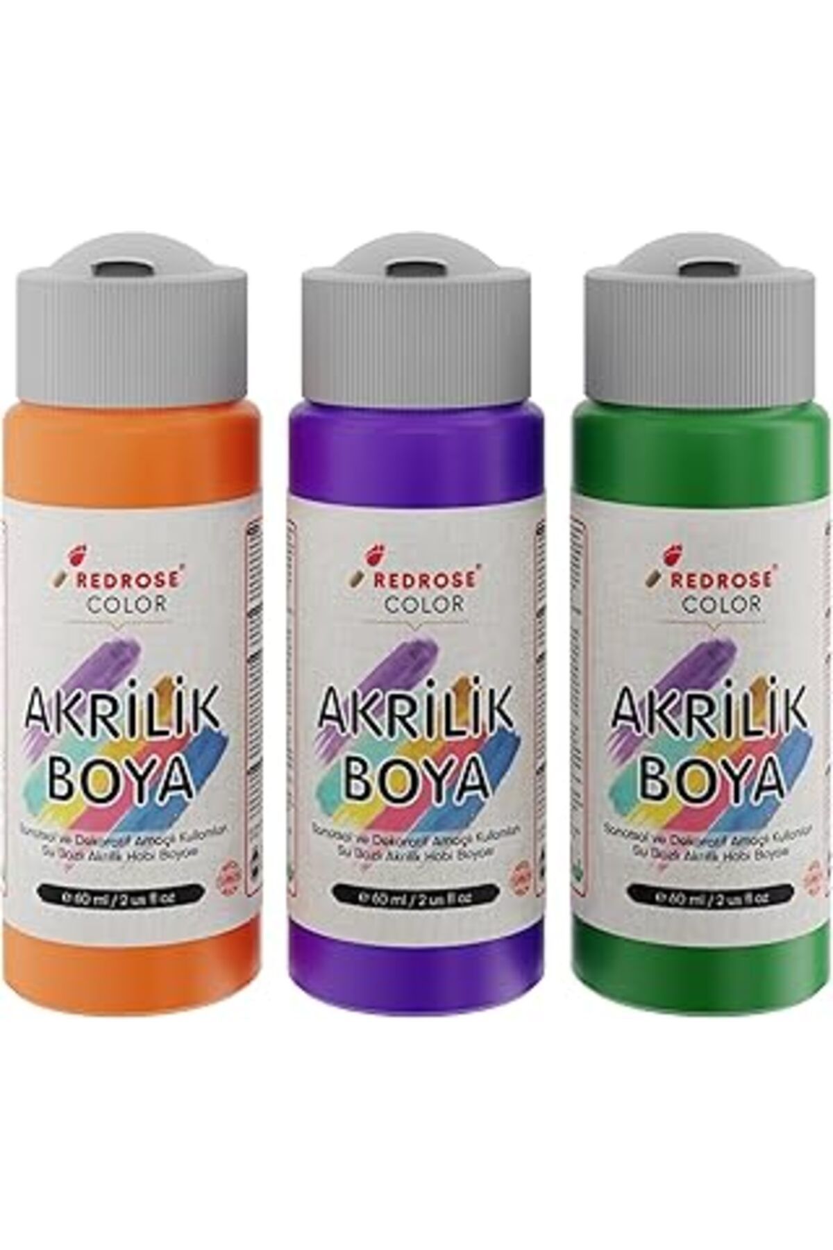 Qedii Red Rose Yeşil, Mor, Turuncu Akrilik Boya 3'Lü Set 3X60 Ml