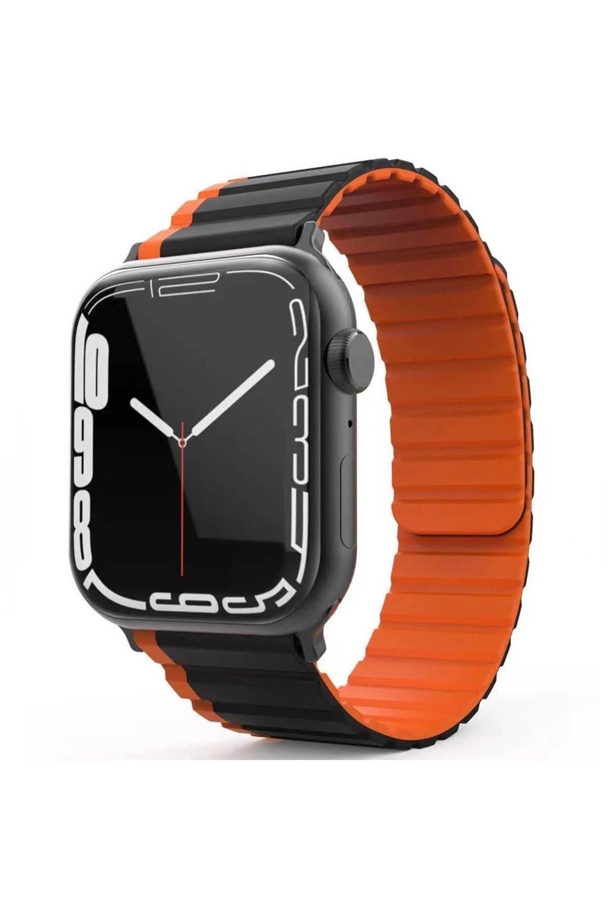 Toptan Bulurum Apple Watch 42mm MO-WB1 Çift Renk Mıknatıslı Silikon Kordon - Siyah-Turuncu