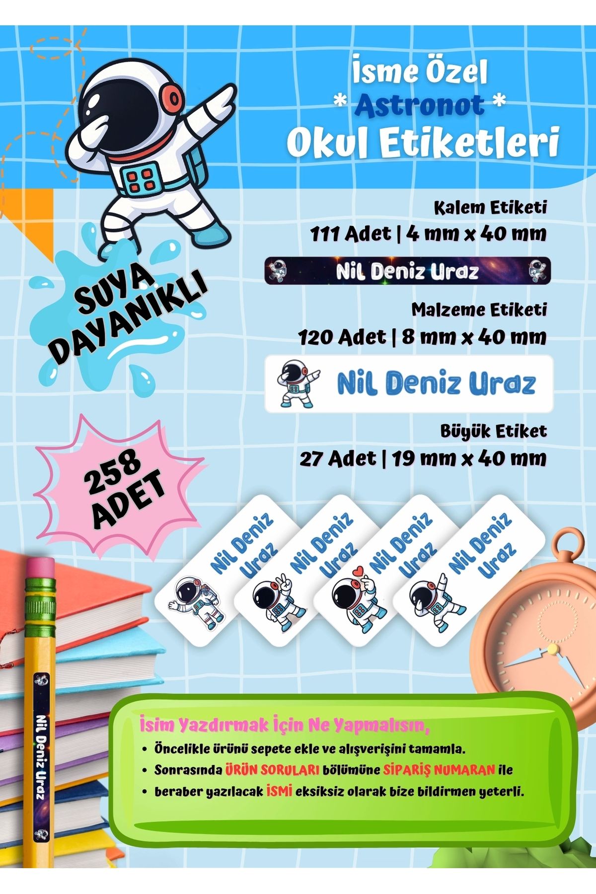 Ceres Studio Uzay Astonot Temalı Kişiye Özel Suya Dayanıklı Okul Etiketi Seti - 258 Adet İsimli Etiket