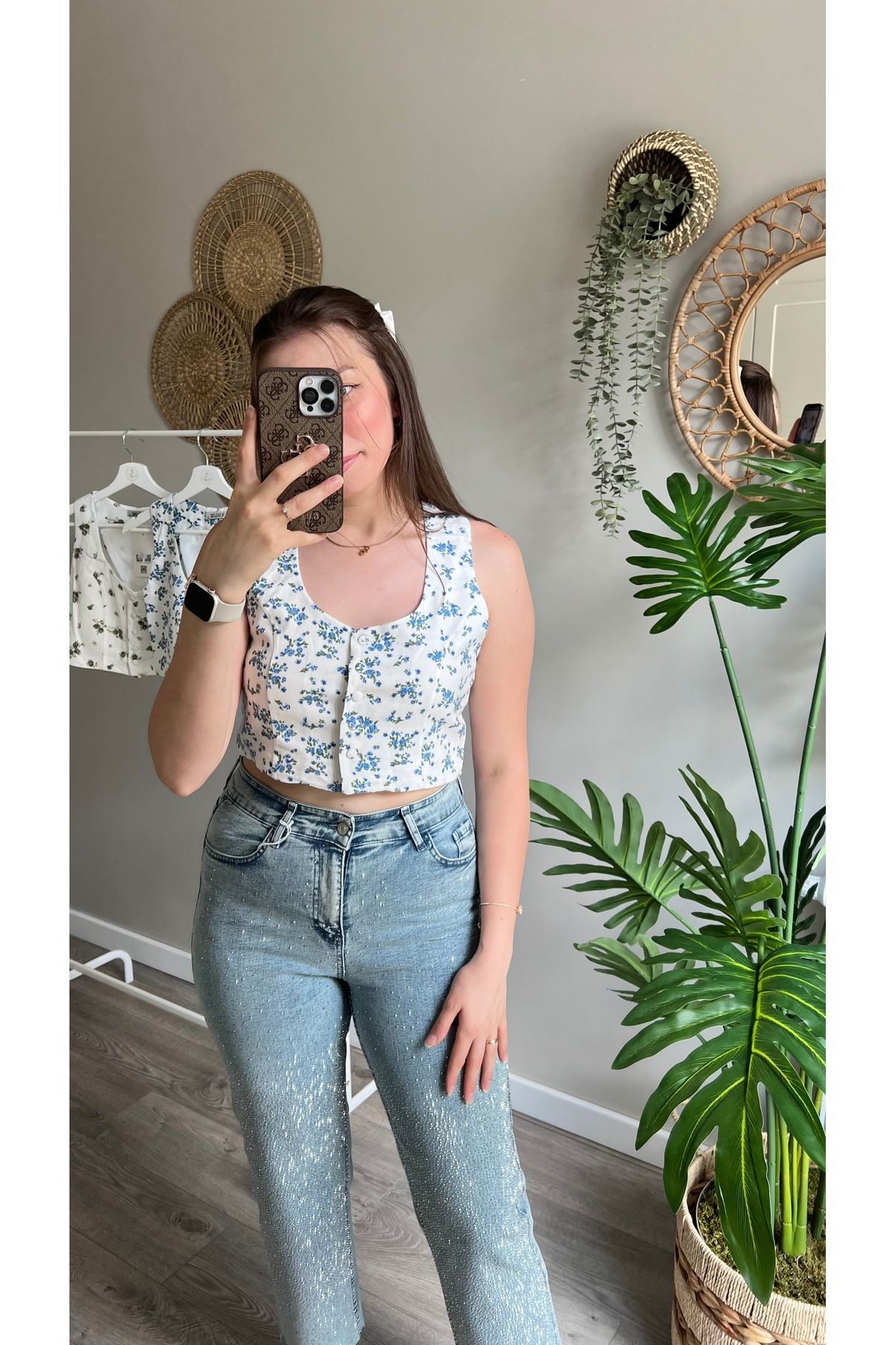 ASEL ÇANKAYA BUTİK Çiçek Desenli Keten Crop Yelek