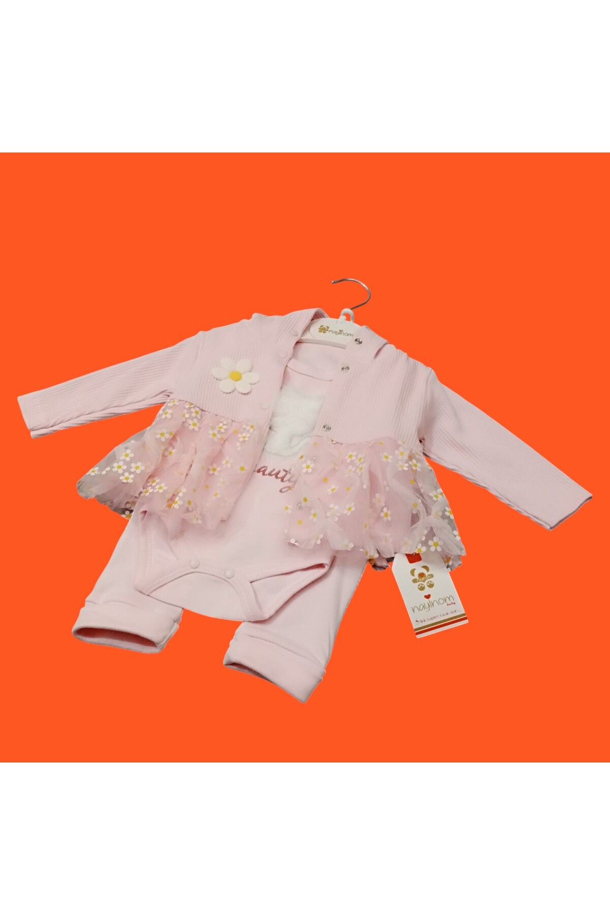 Bublykids 3'lü Pembe Kız Bebek Takım Pembe Takım Papatya TÜllü 3 lü Takım Pembe Ceket Takım
