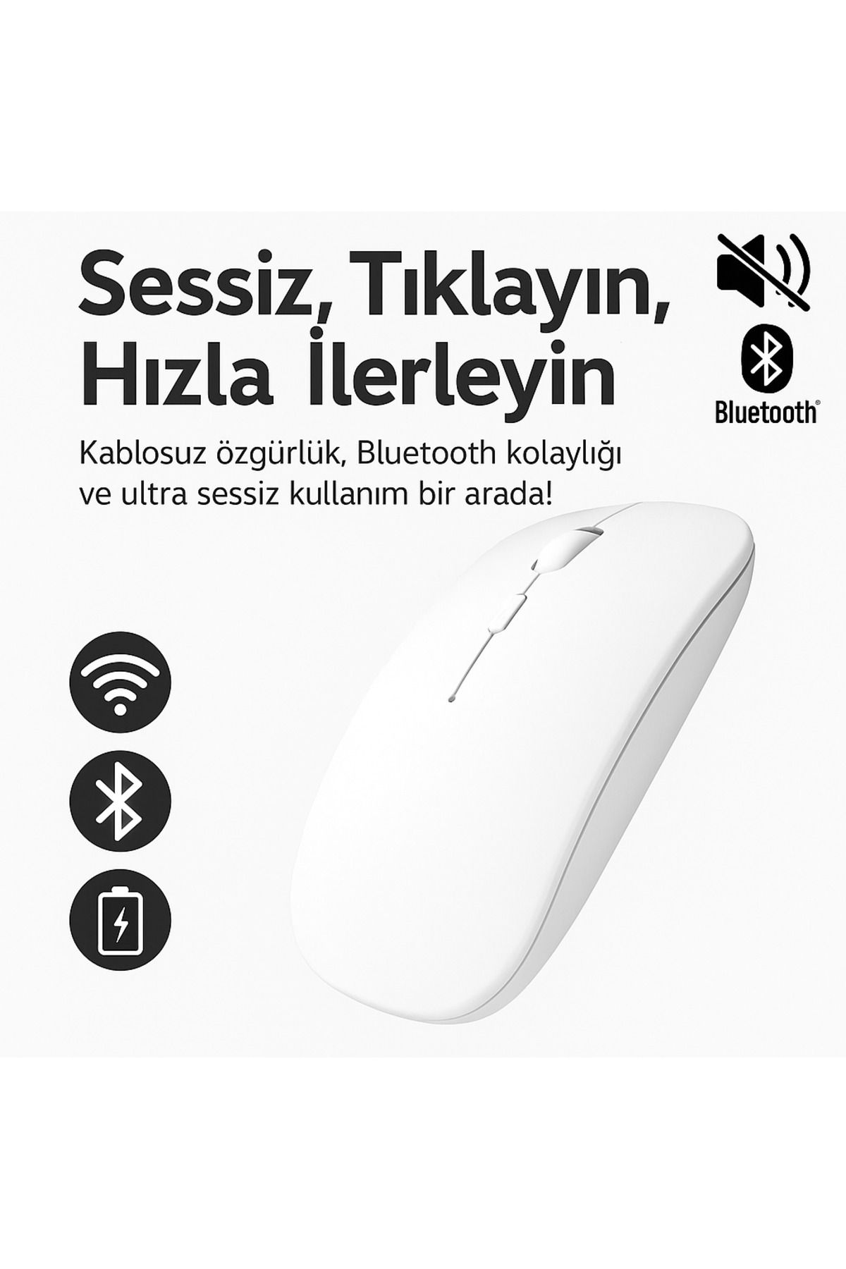 electroawm Sessiz Bluetooth Kablosuz Mouse – Şarjlı ve Konforlu Kullanım