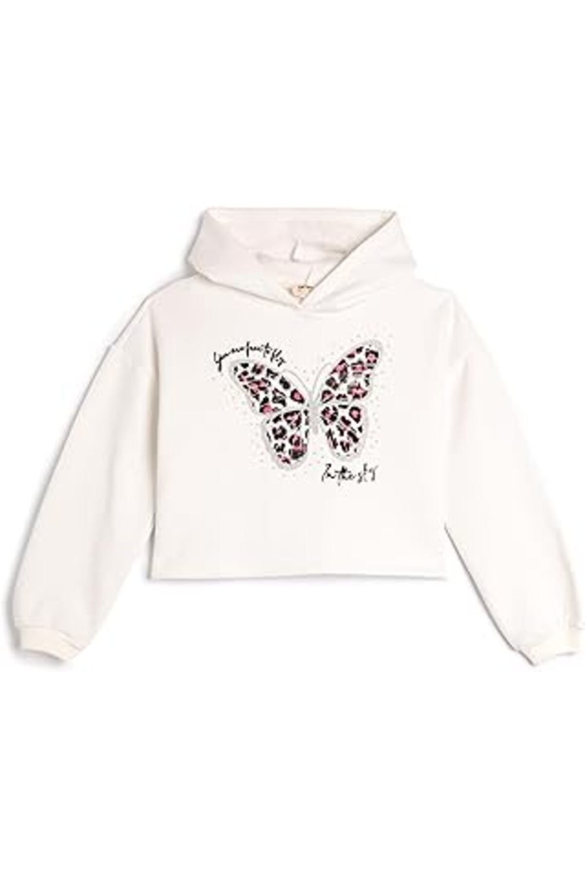 Pazarcan Kapşonlu Crop Sweatshirt Şardonlu Kelebek Baskılı