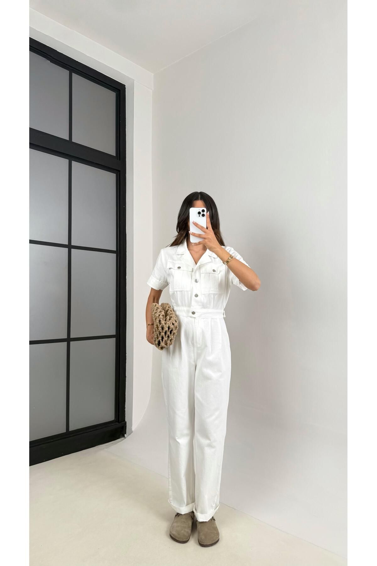 Gaus Beyaz Cep Detaylı Düğmeli İnce Denim Tulum Gaus00529
