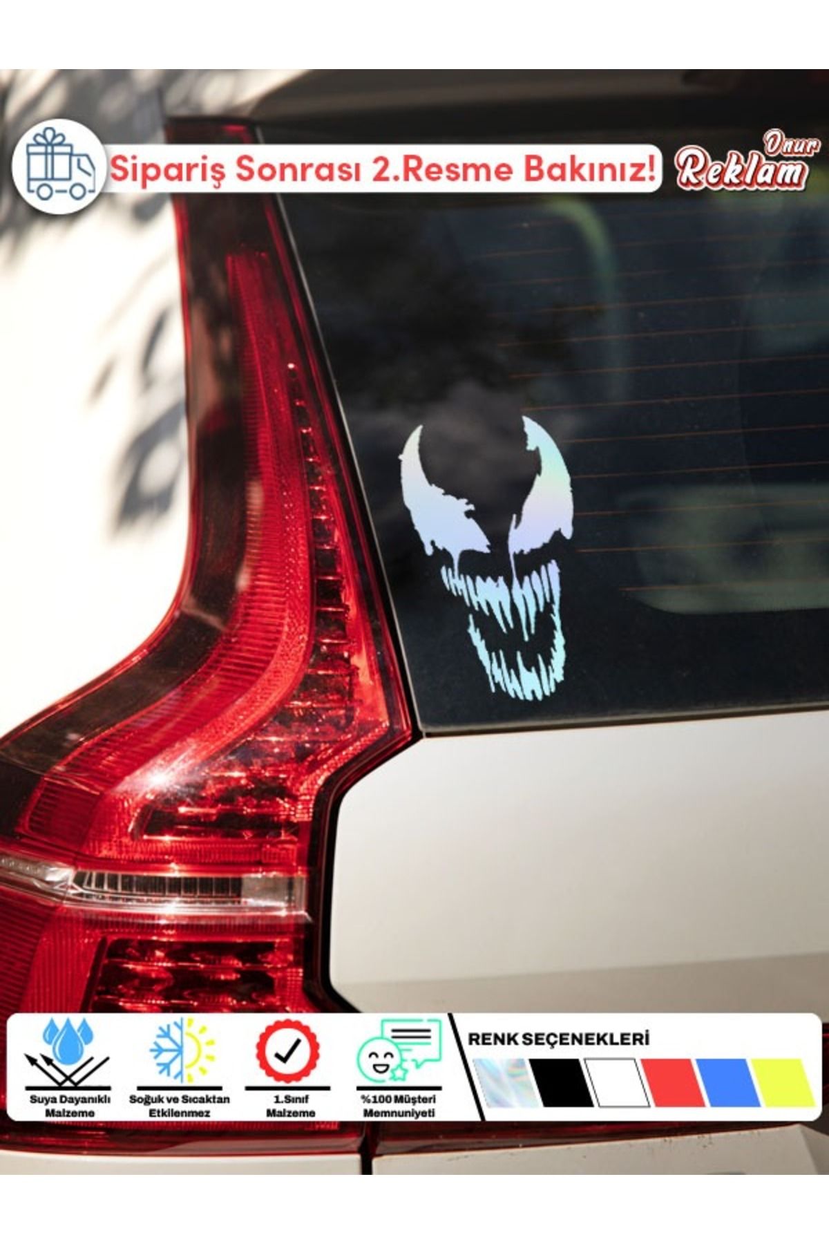 Onur Reklam Venom Gülüşü Sticker – Araç Camı İçin Fosfor Sarı Tasarım Etiketi