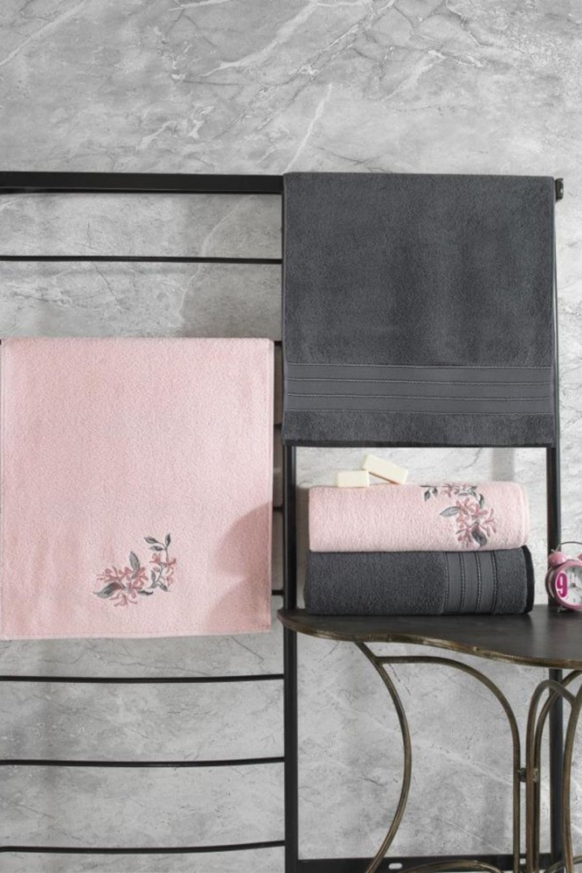 seremea home COTTON BOX COLORFUL %100 PAMUK HAMAM HAVLU SETİ ANTRASİT PEMBE