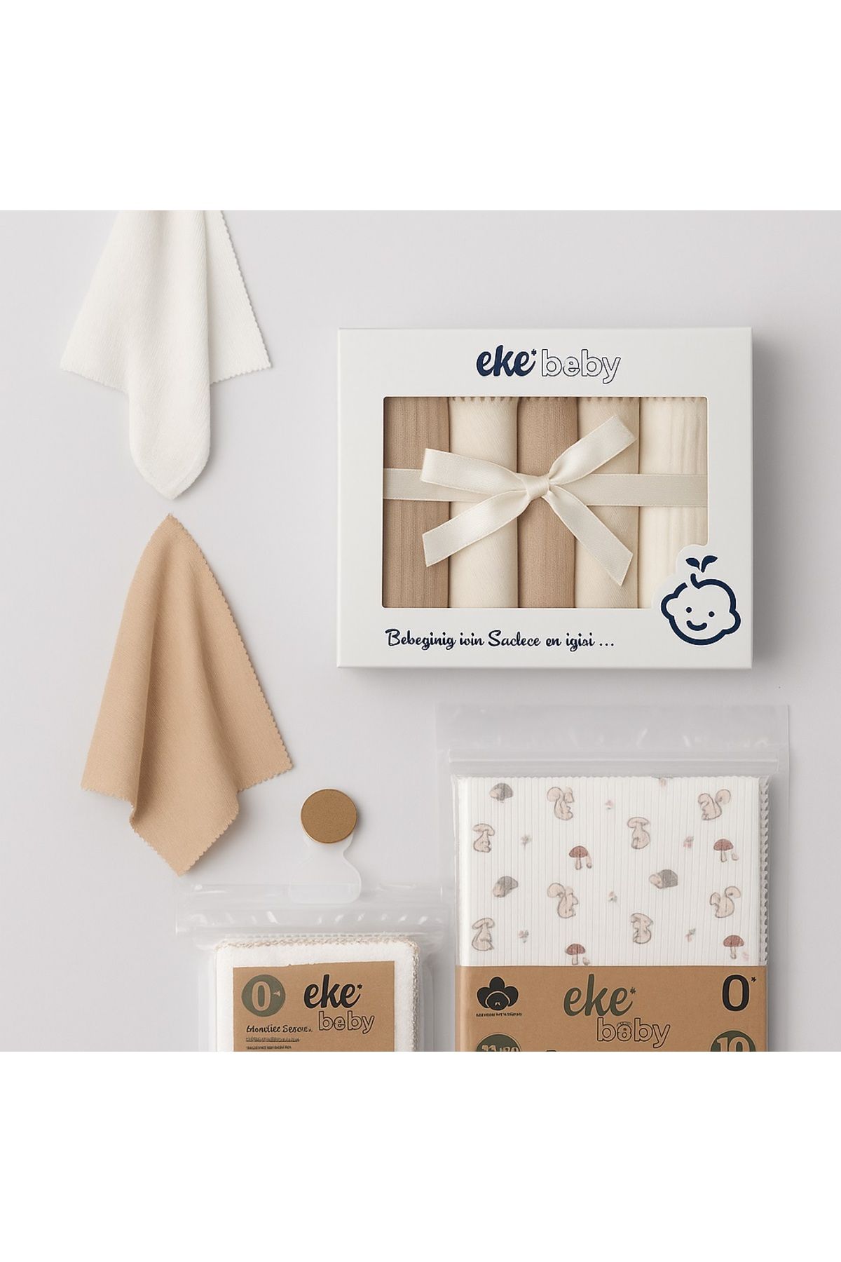 Ekebaby 3'lü Organik Pamuklu Ağız Mendili Seti - Unisex Bebek - %100 Pamuk - Yeni Doğan Uyumlu