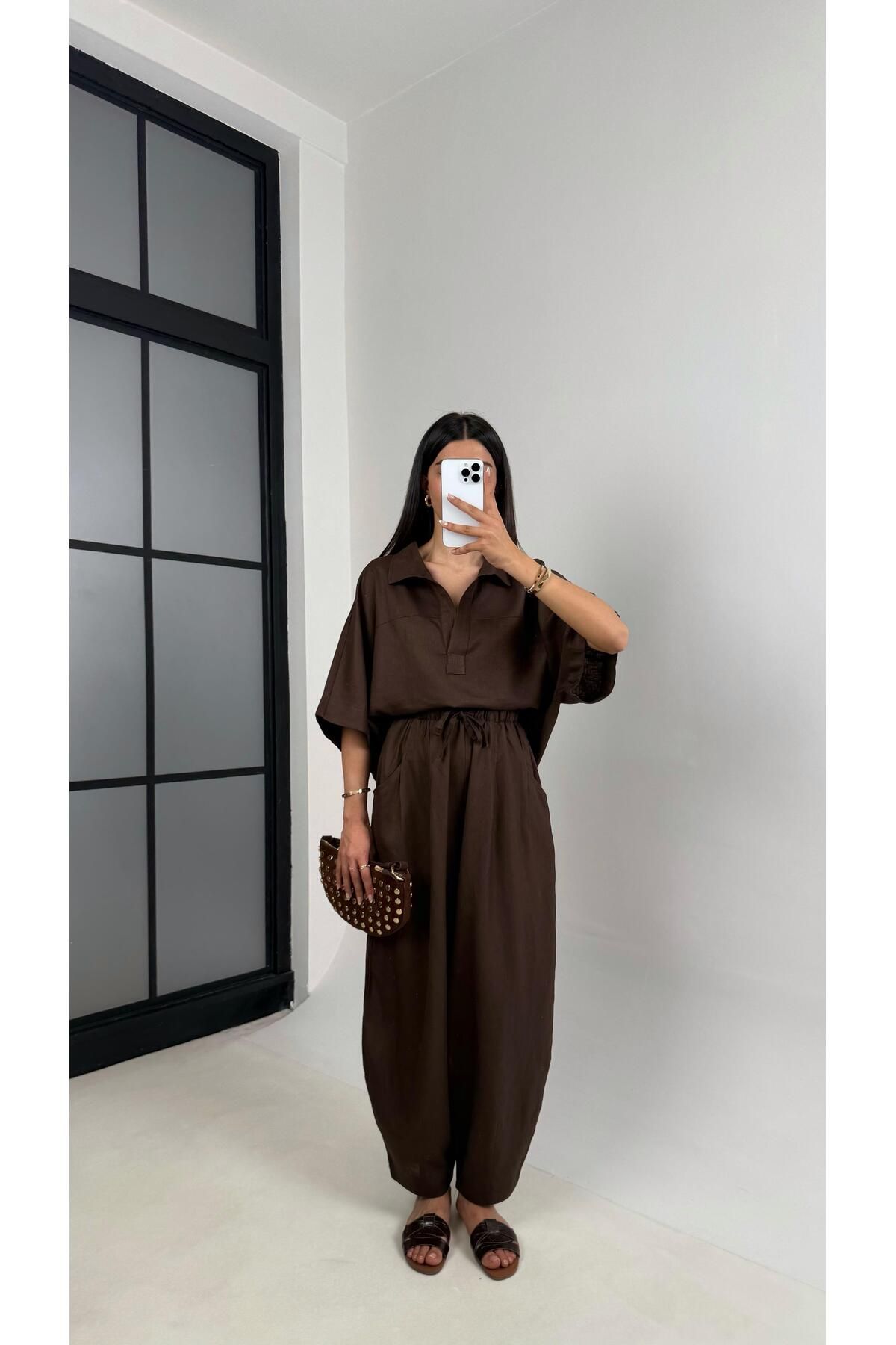 Gaus Acı Kahve Polo Yaka Yarasa Kol Bluz Şalvar Pantolon Md Muadil Premium Keten Takım Gaus00542