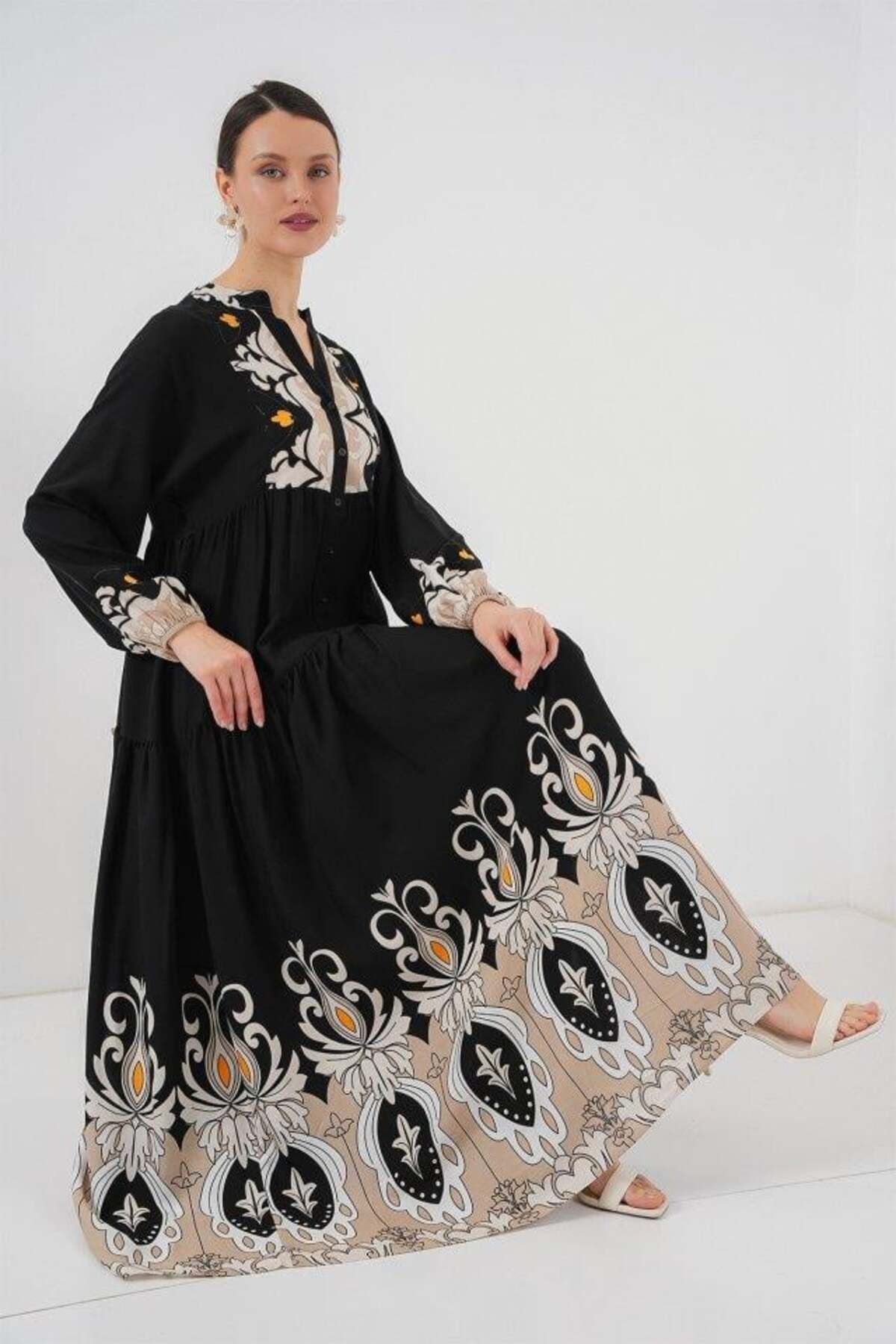 MAREANDPANDA 2423 Otantik Desenli Tesettür Elbise - Siyah 6