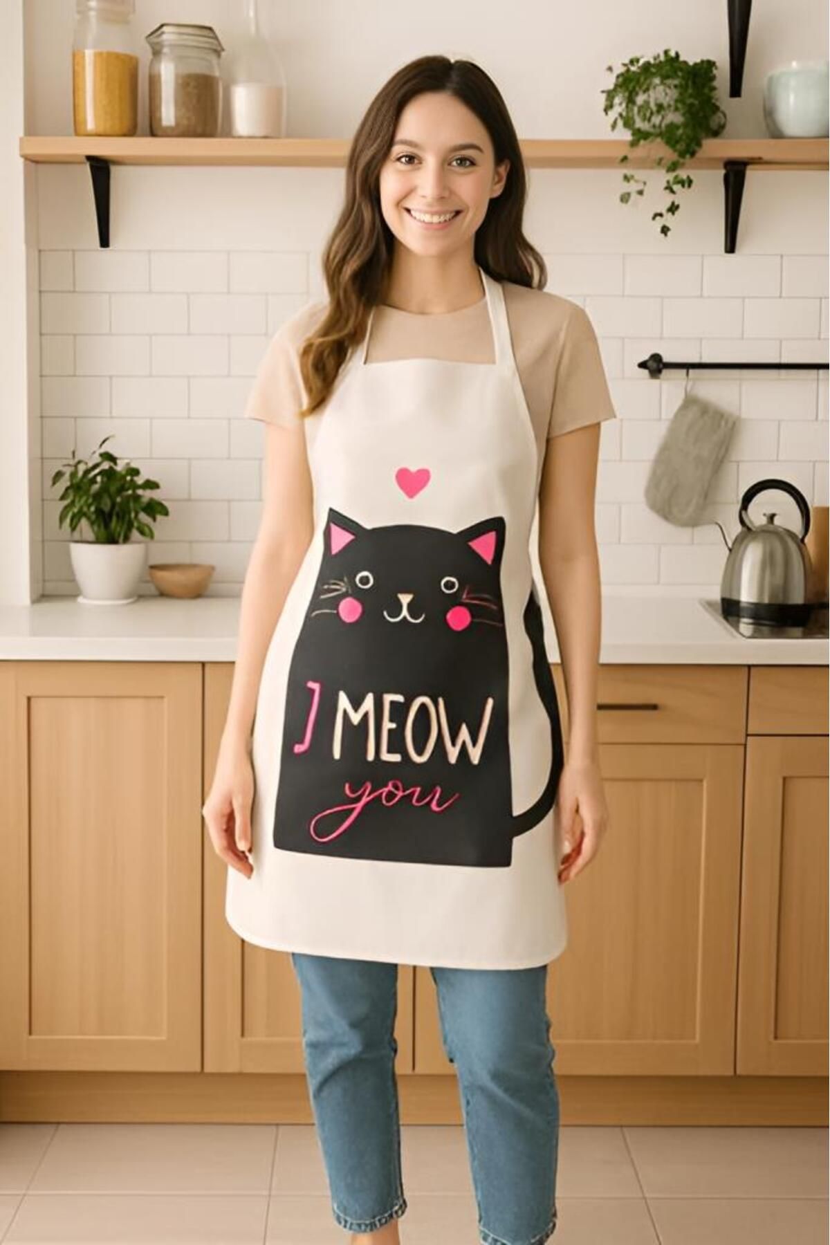 MODALİN-I Meow You Kitchen Apron with Cat Pattern, Liquid Proof Cute Design 1